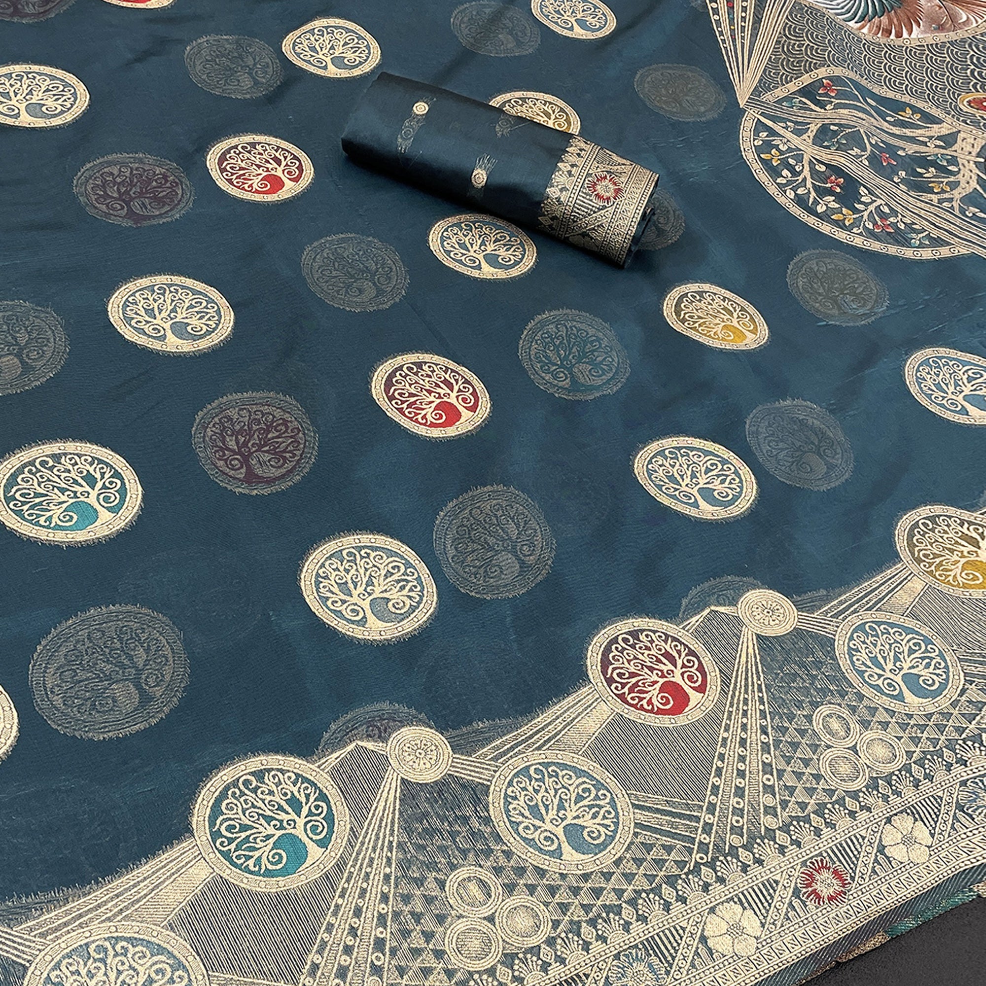 Charming Morpich Blue Zari Woven Floral Organza Saree Accented With Digital Printed Pallu & Latkan