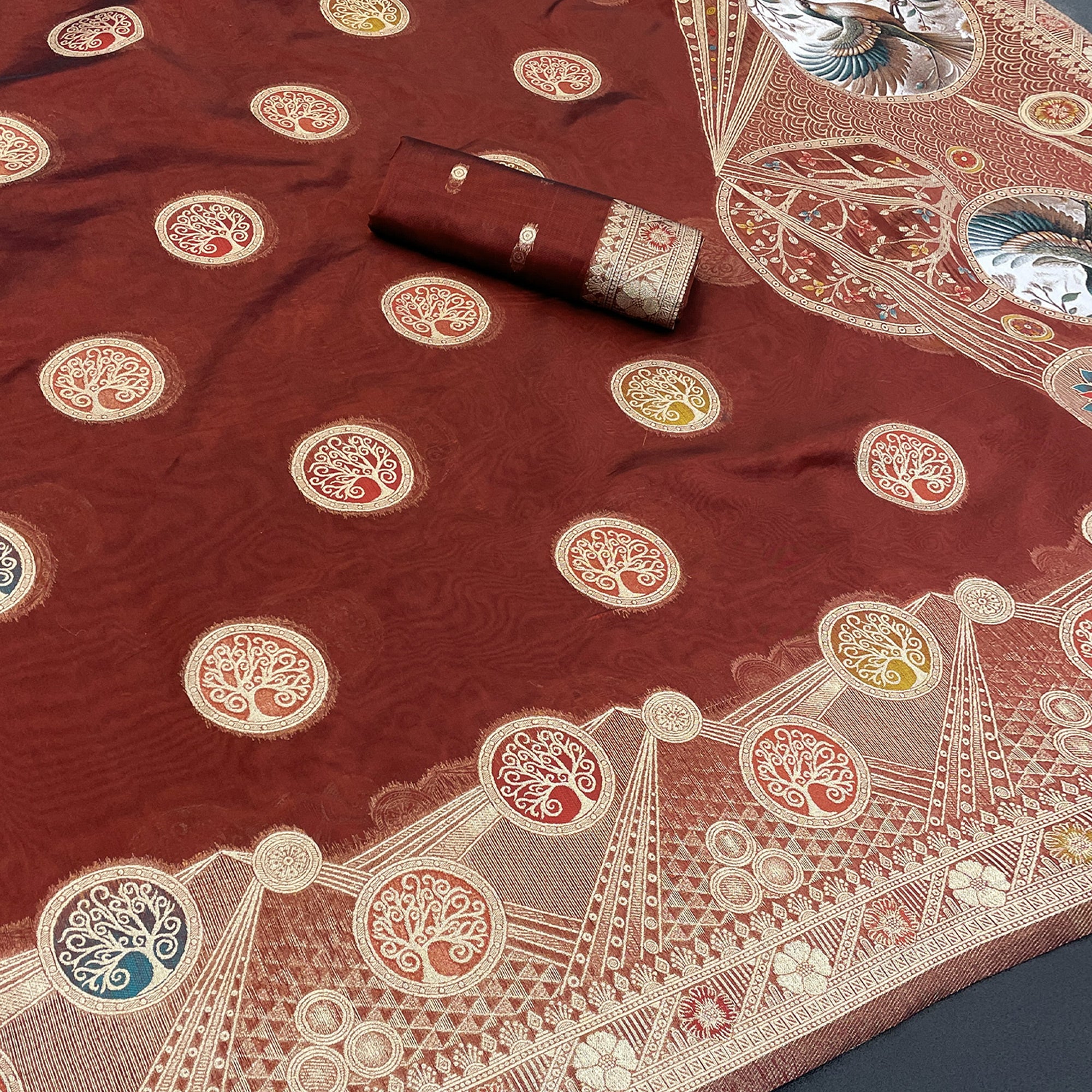 Charming Maroon Zari Woven Floral Organza Saree Accented With Digital Printed Pallu & Latkan