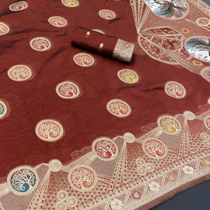 Charming Maroon Zari Woven Floral Organza Saree Accented With Digital Printed Pallu & Latkan