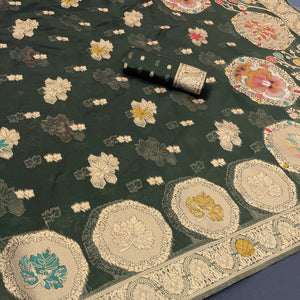 Charming Dark Green Zari Woven Floral Organza Saree Accented With Digital Printed Pallu & Latkan