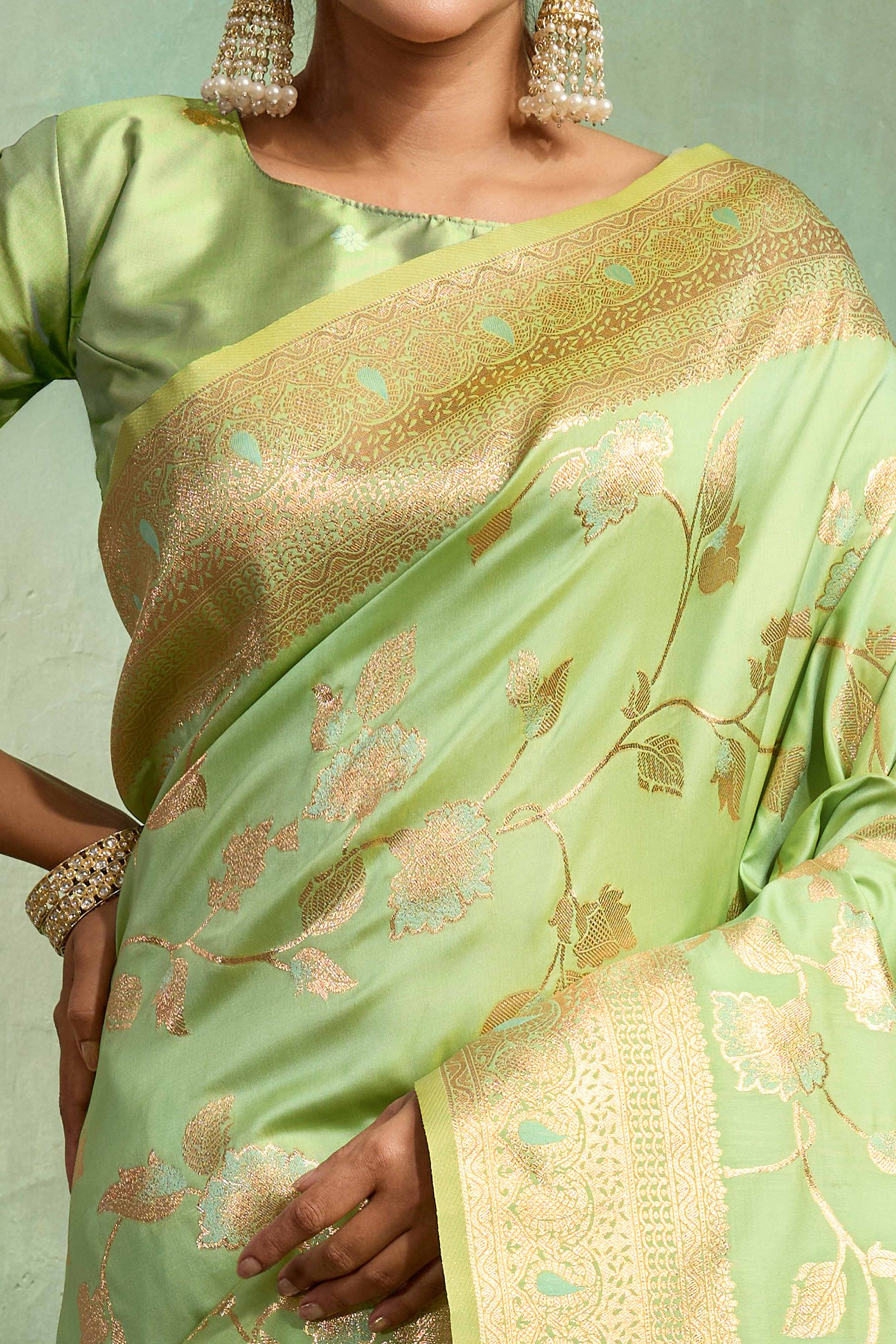 Pista Green Dual Tone Banarasi Silk Saree Accented with Meenakari Weaves