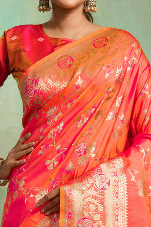 Coral Red Dual Tone Banarasi Silk Saree Accented with Meenakari Weaves