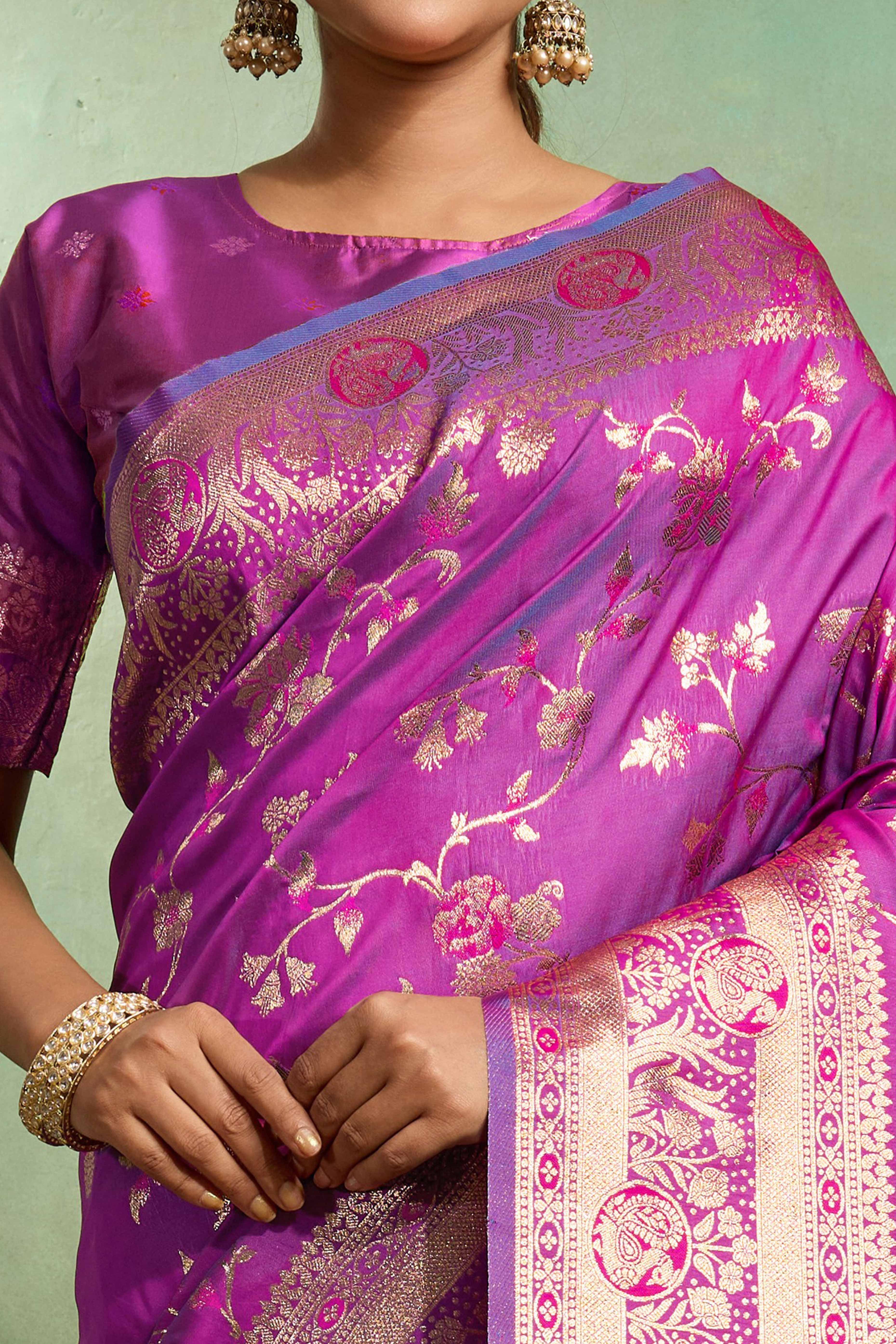 Purple Dual Tone Banarasi Silk Saree Accented with Meenakari Weaves