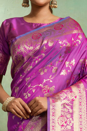 Purple Dual Tone Banarasi Silk Saree Accented with Meenakari Weaves