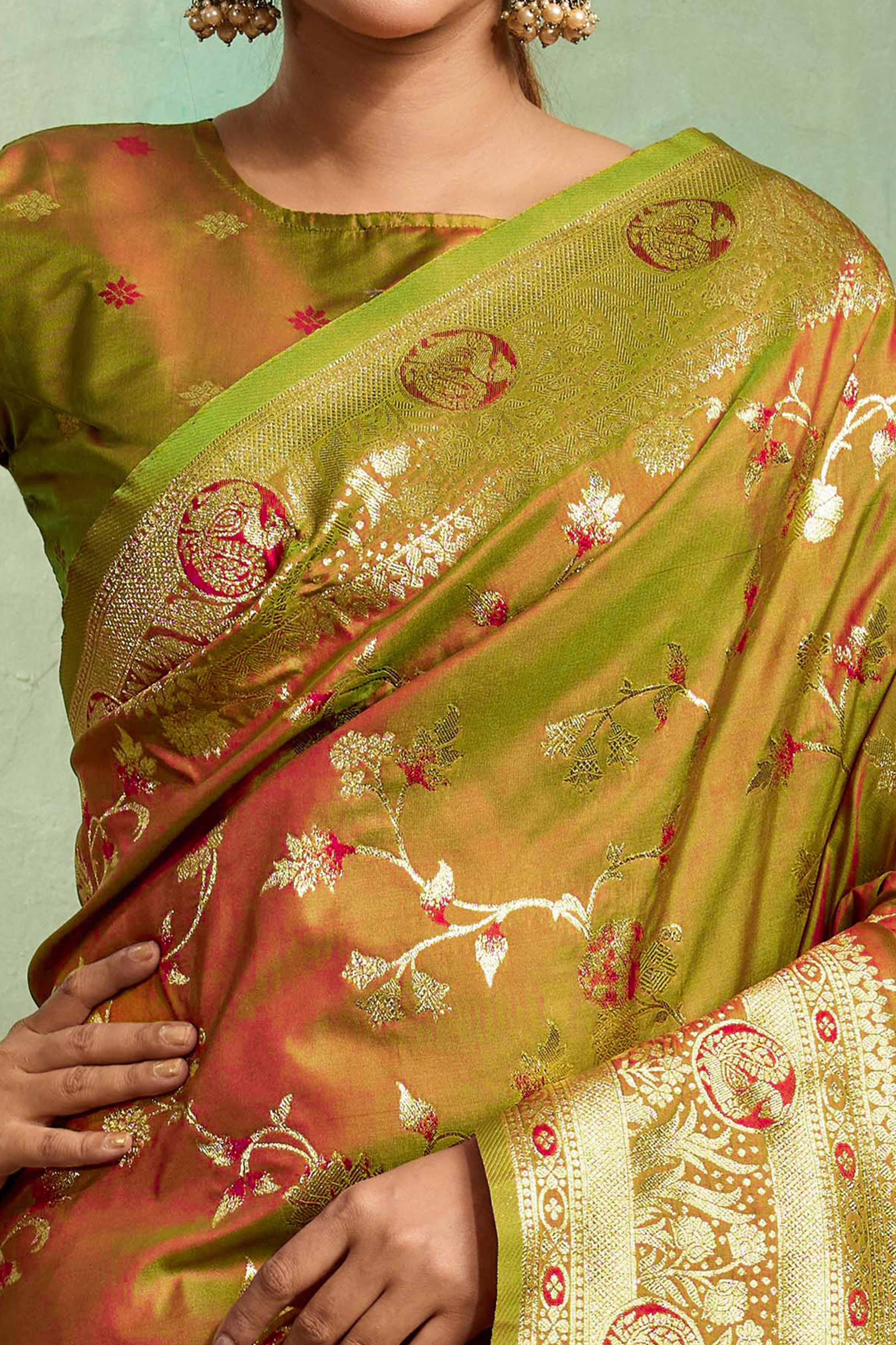 Olive Dual Tone Banarasi Silk Saree Accented with Meenakari Weaves