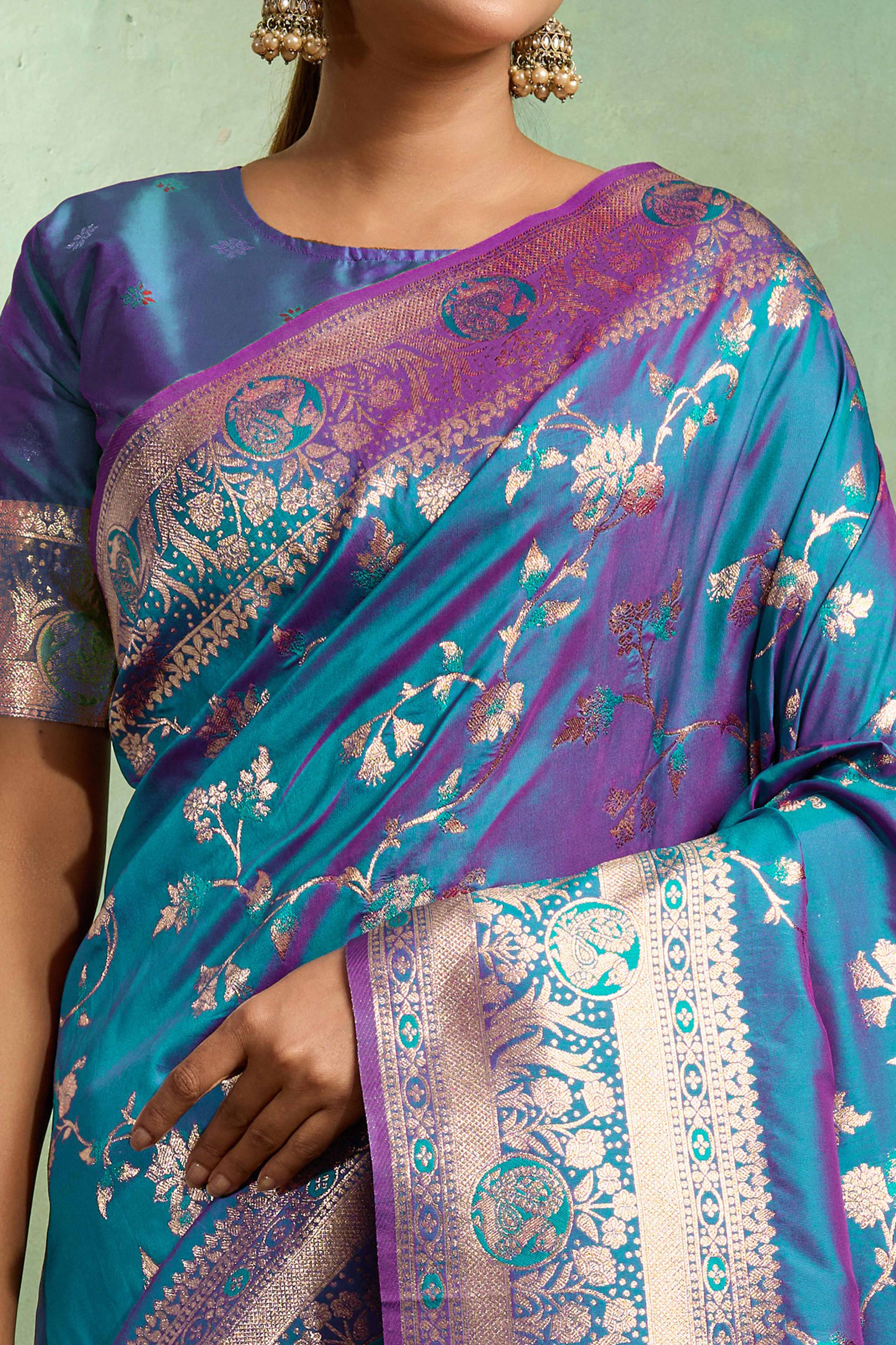 Teal Dual Tone Banarasi Silk Saree Accented with Meenakari Weaves