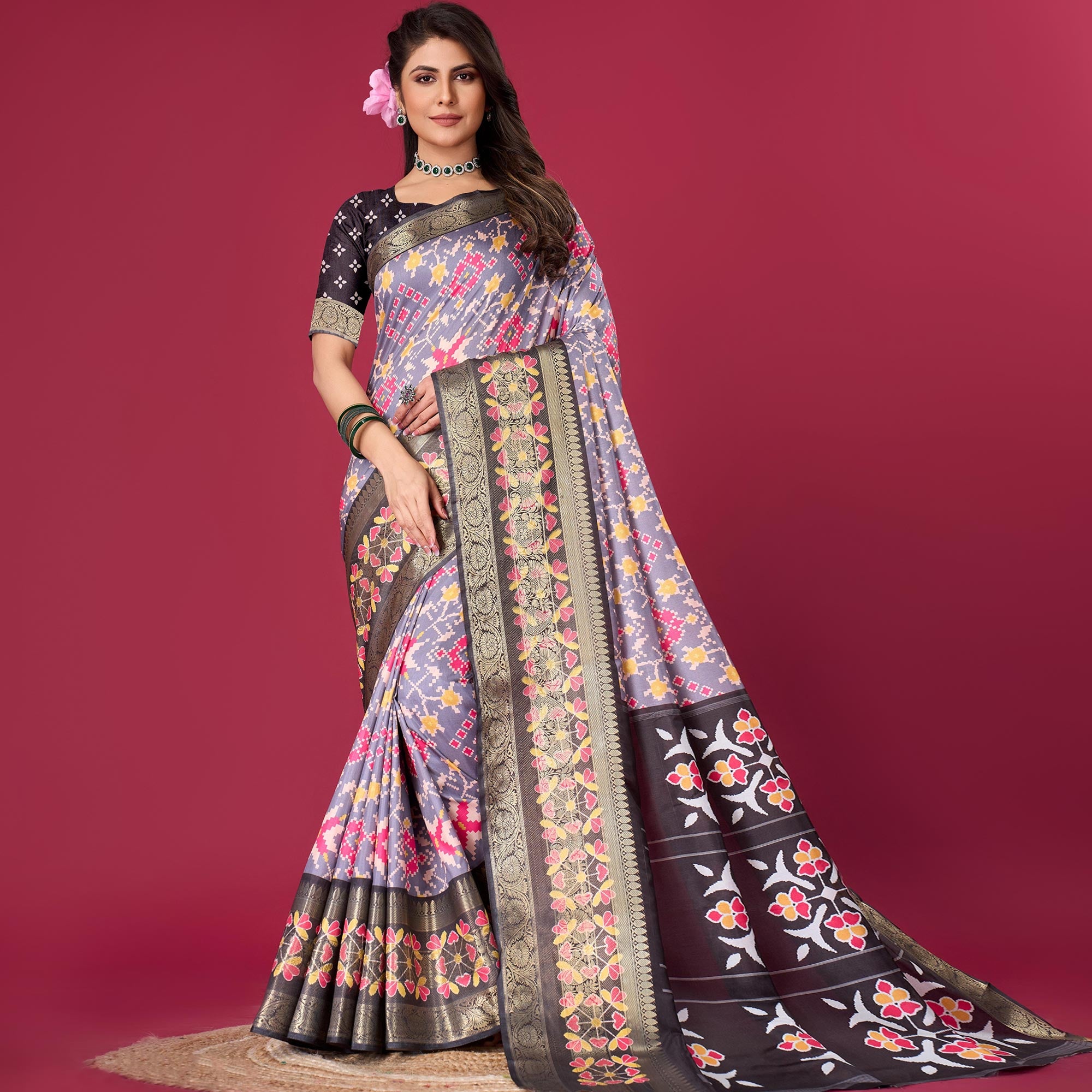 Grey & Black Digital Patola Printed With Woven Border Dola Silk Saree