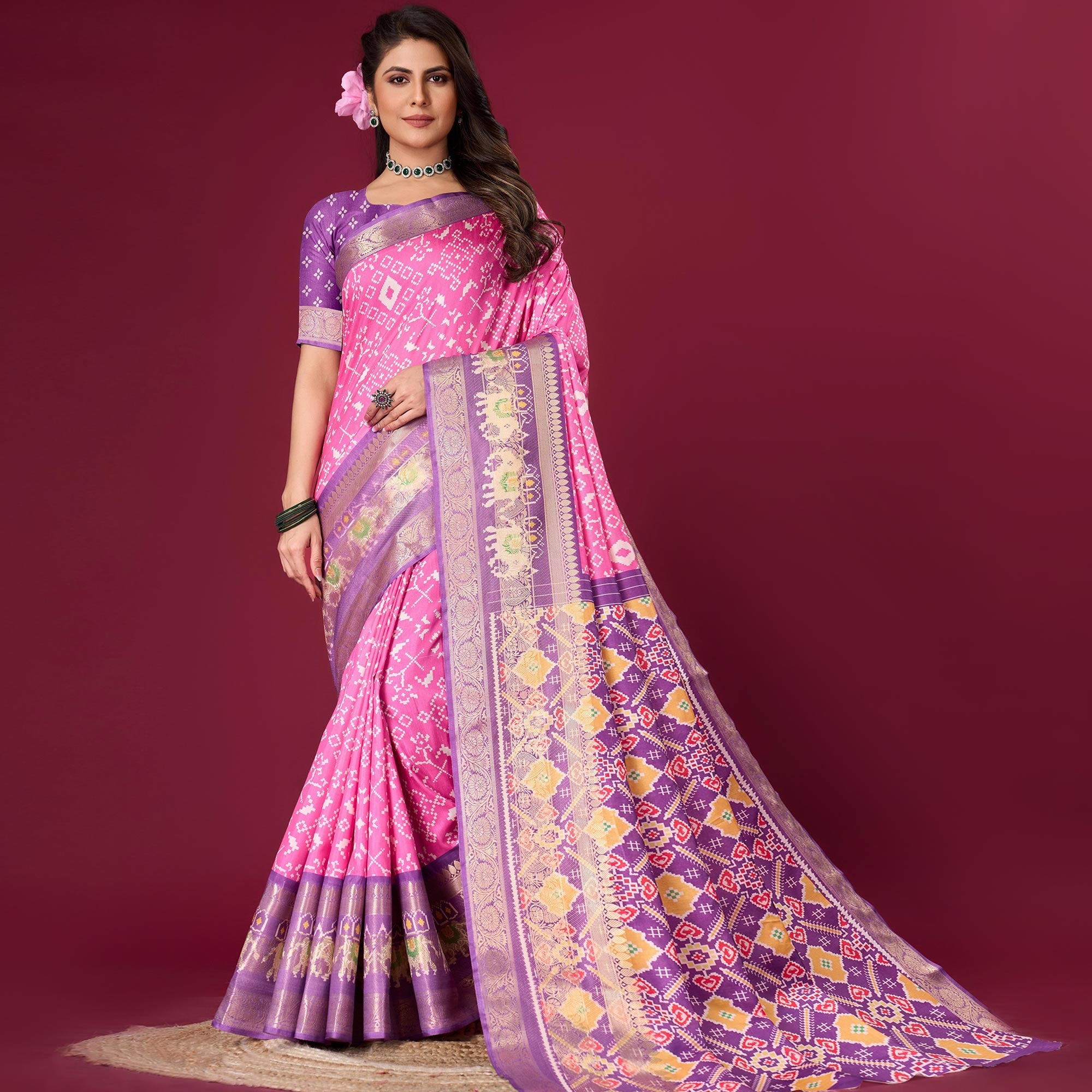 Pink & Purple Digital Patola Printed With Woven Border Dola Silk Saree