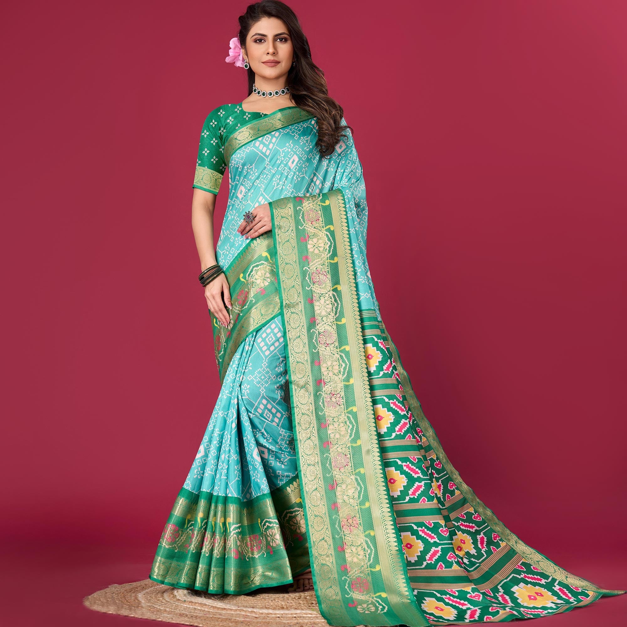 Turquoise & green Digital Patola Printed With Woven Border Dola Silk Saree