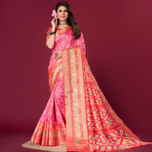 Pink & Red Digital Patola Printed With Woven Border Dola Silk Saree