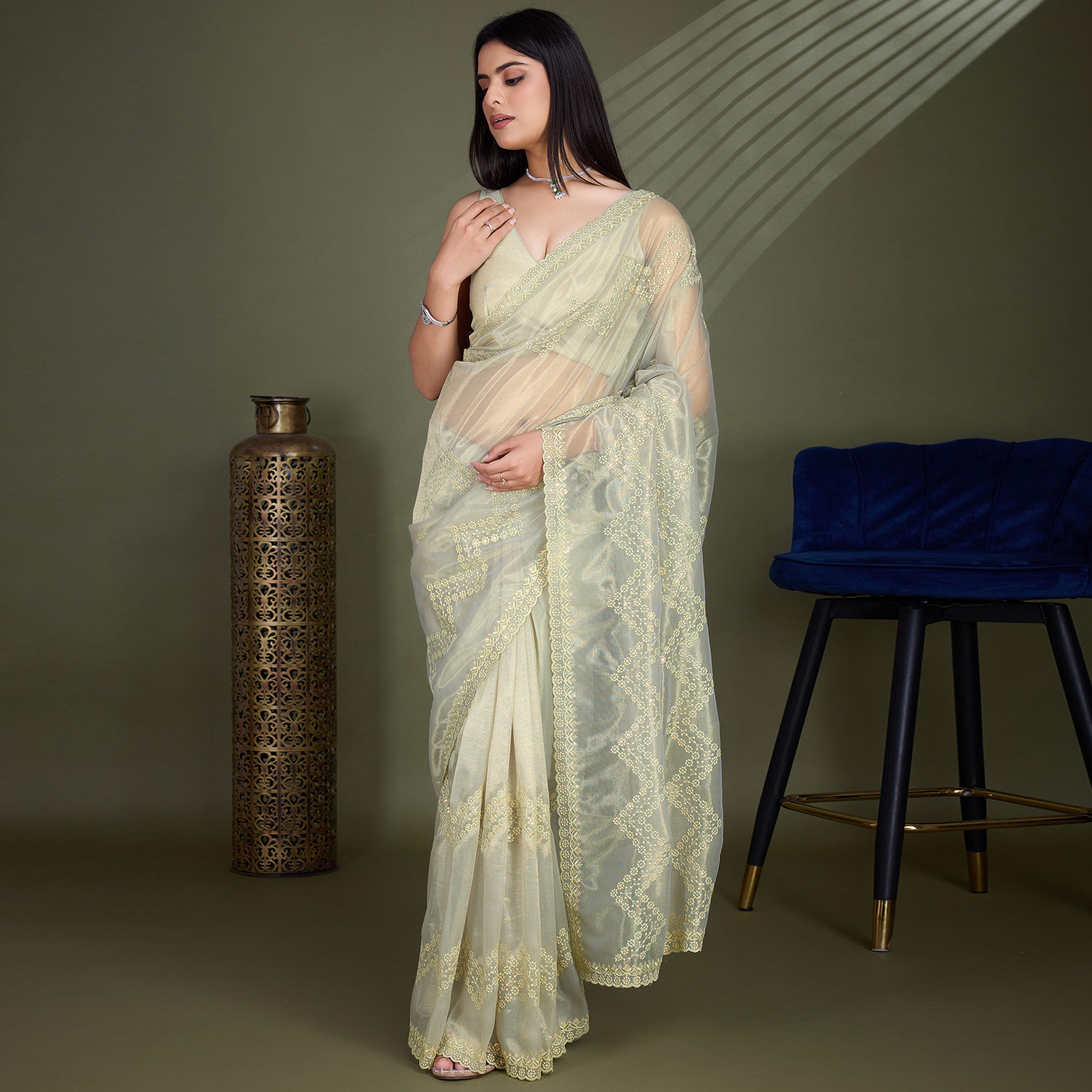 Light Olive Green Sequins Embroidered Shimmer Net Saree