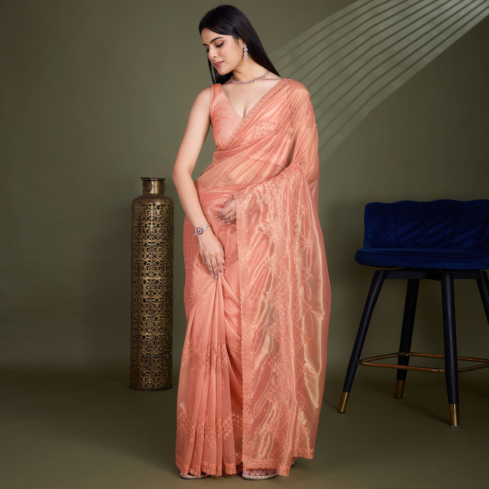 Peach Sequins Embroidered Shimmer Net Saree