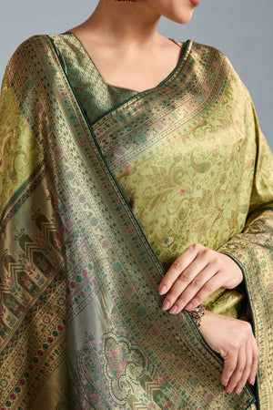 Pista Green Floral Meenakari Weaving Kanjivaram Silk Saree With Rich Piping & Tassel Pallu