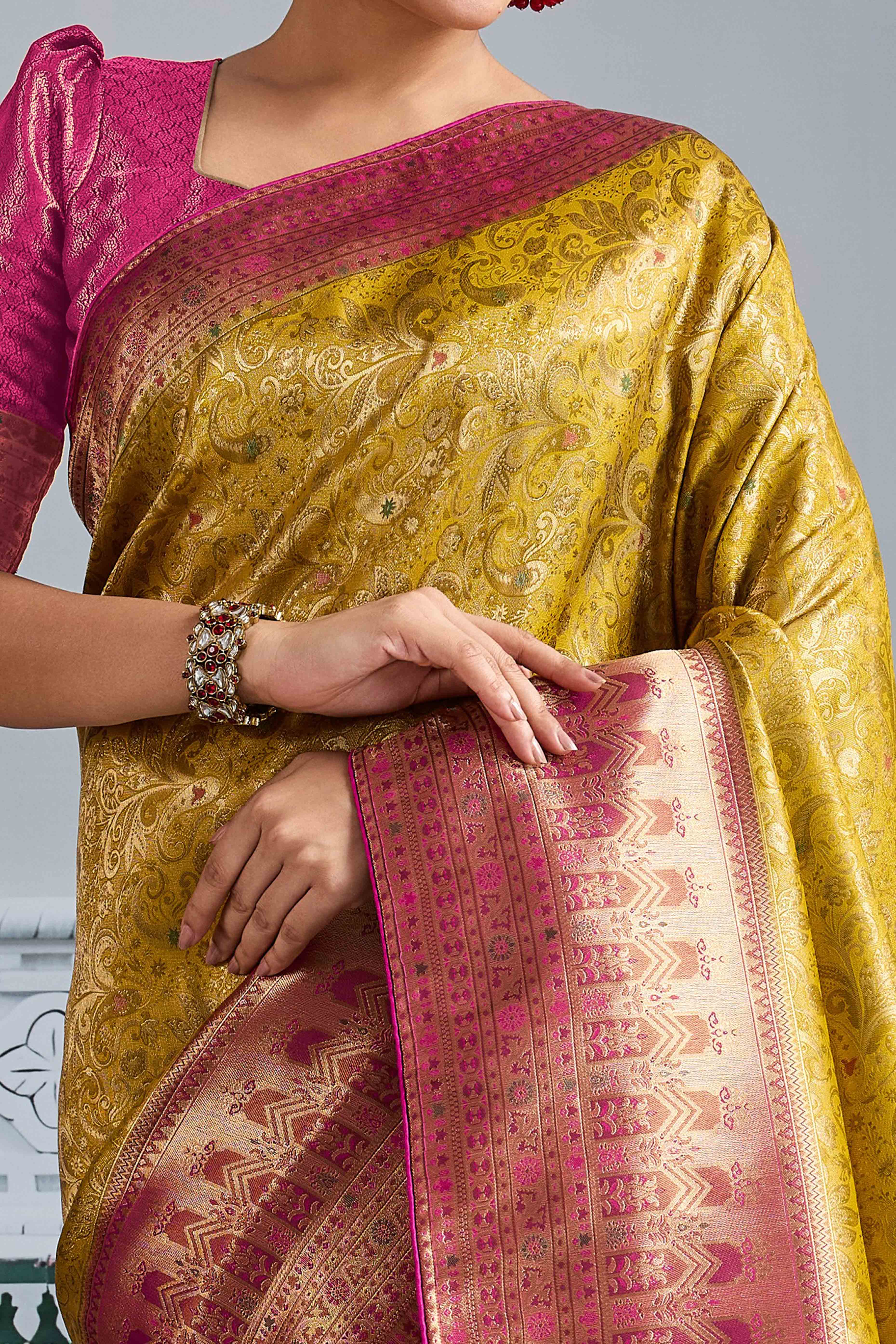 Mustard Floral Meenakari Weaving Kanjivaram Silk Saree With Rich Piping & Tassel Pallu