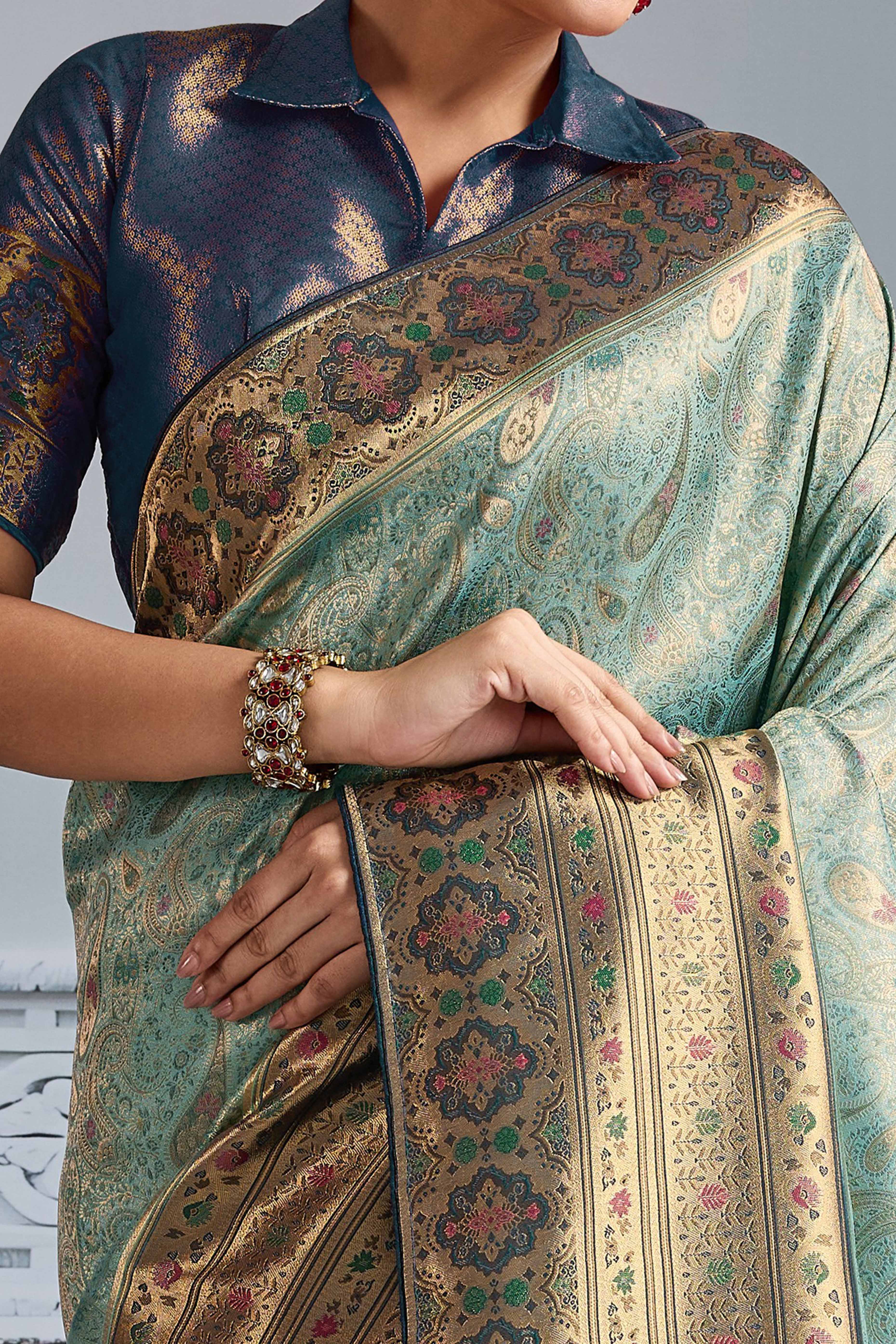 Sea Green Meenakari Woven Kanjivaram Silk Saree For Festive Elegance