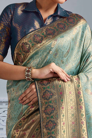 Sea Green Meenakari Woven Kanjivaram Silk Saree For Festive Elegance