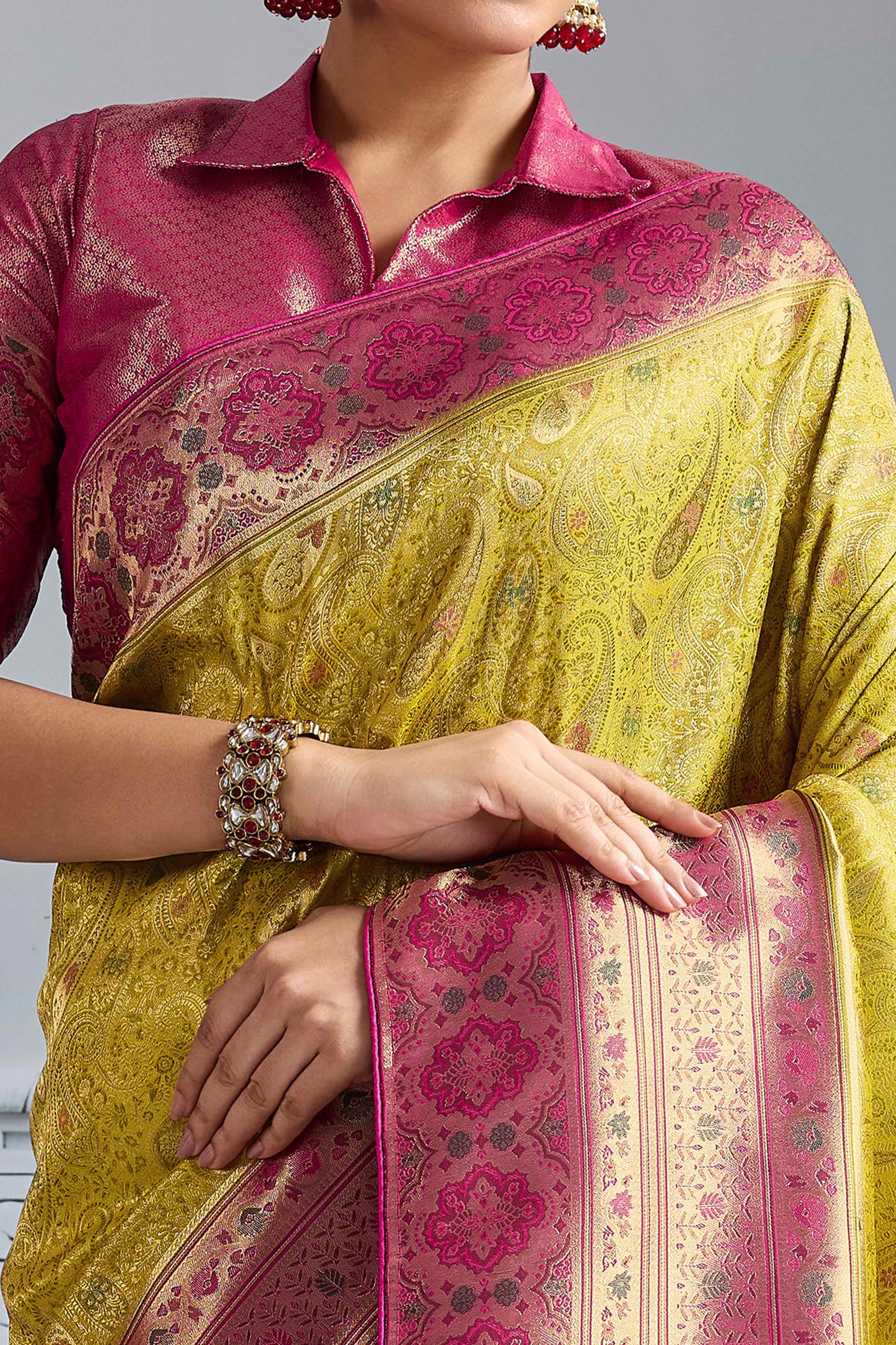 Mustard Meenakari Woven Kanjivaram Silk Saree For Festive Elegance