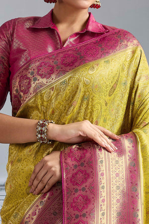 Mustard Meenakari Woven Kanjivaram Silk Saree For Festive Elegance