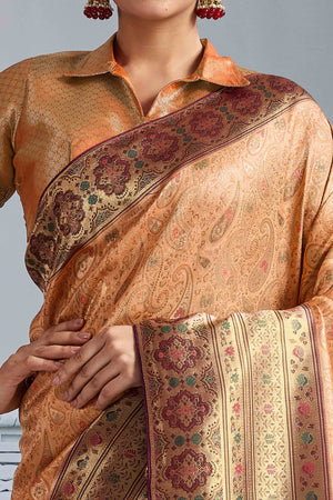 Peach Meenakari Woven Kanjivaram Silk Saree For Festive Elegance