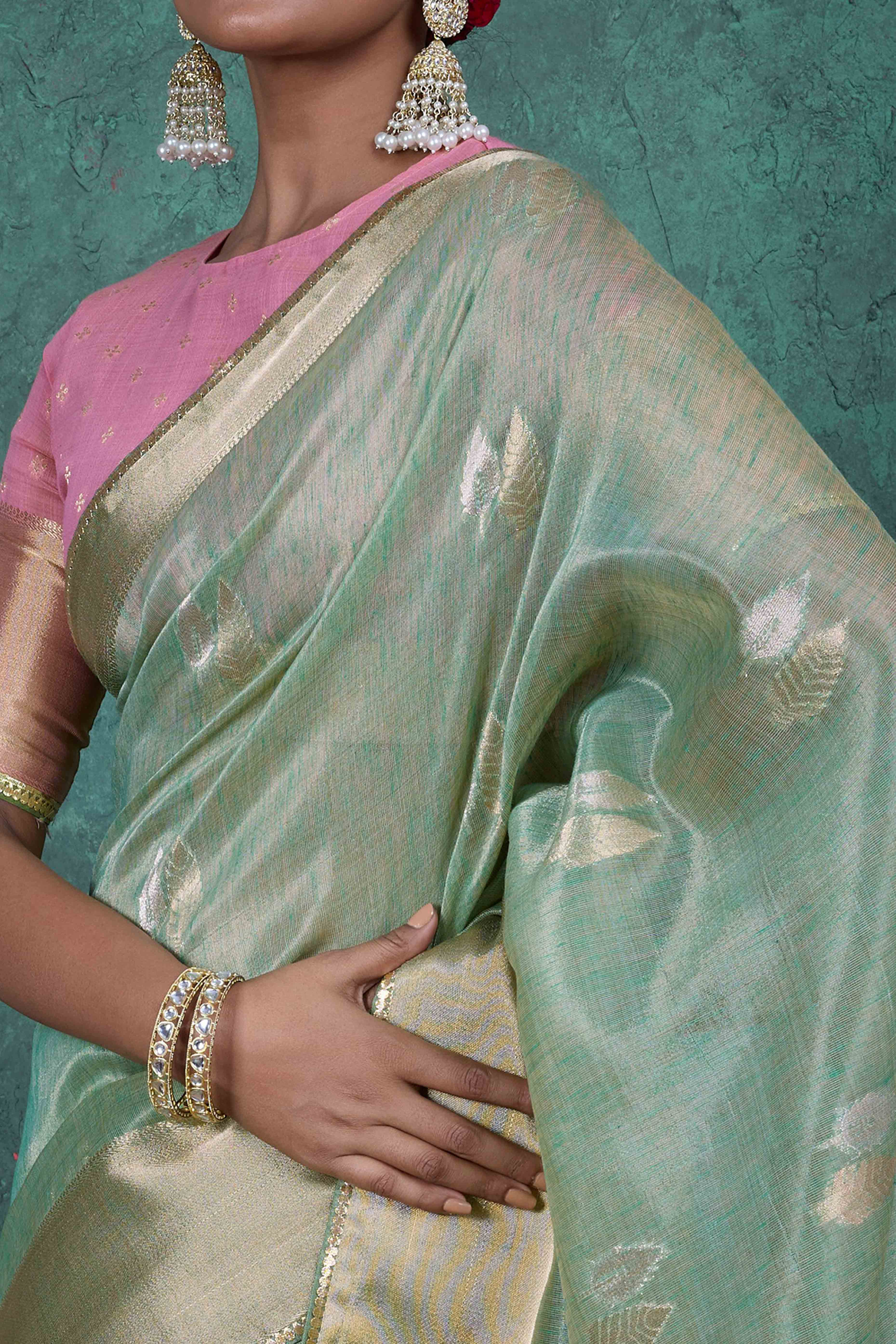 Mint Green Ethnic Cotton Blend Saree with Shimmering Zari Butti Weaves