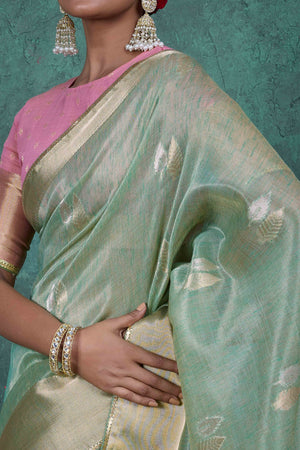Mint Green Ethnic Cotton Blend Saree with Shimmering Zari Butti Weaves
