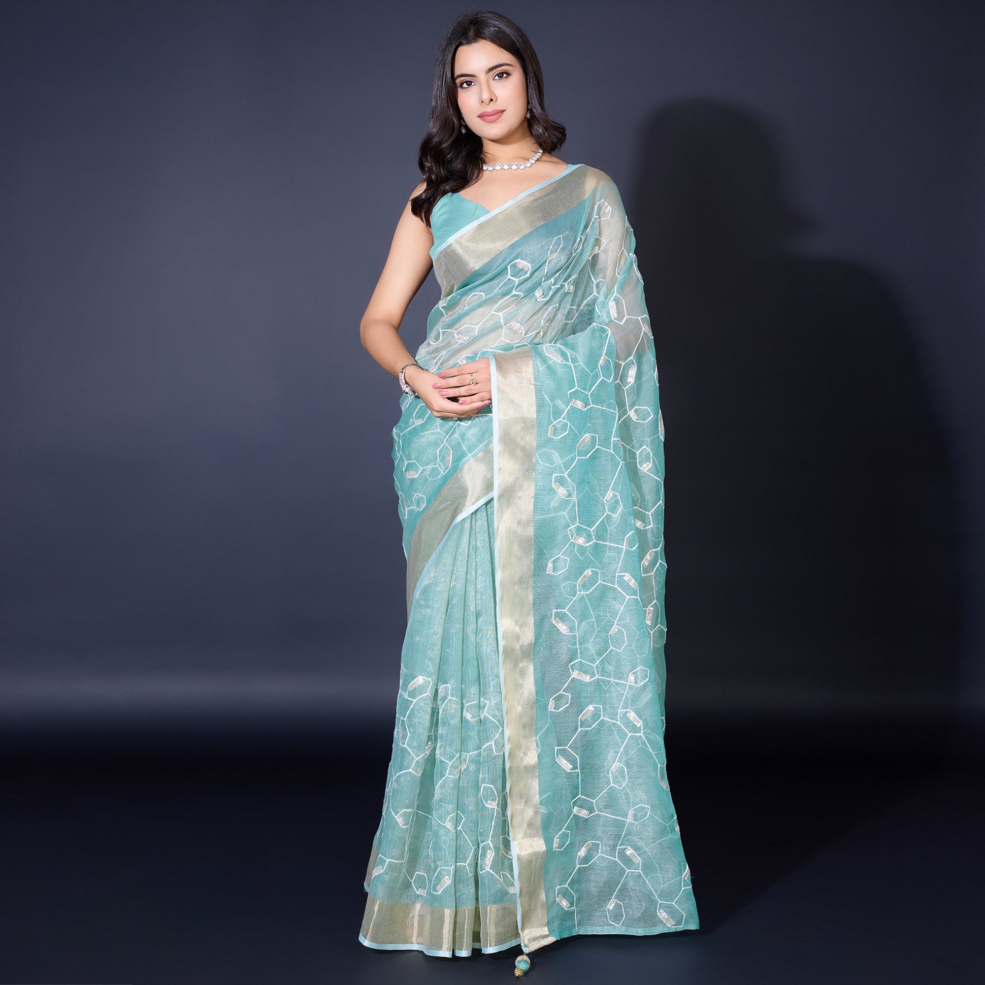 Blue Sequins Embroidered Cotton Silk Saree