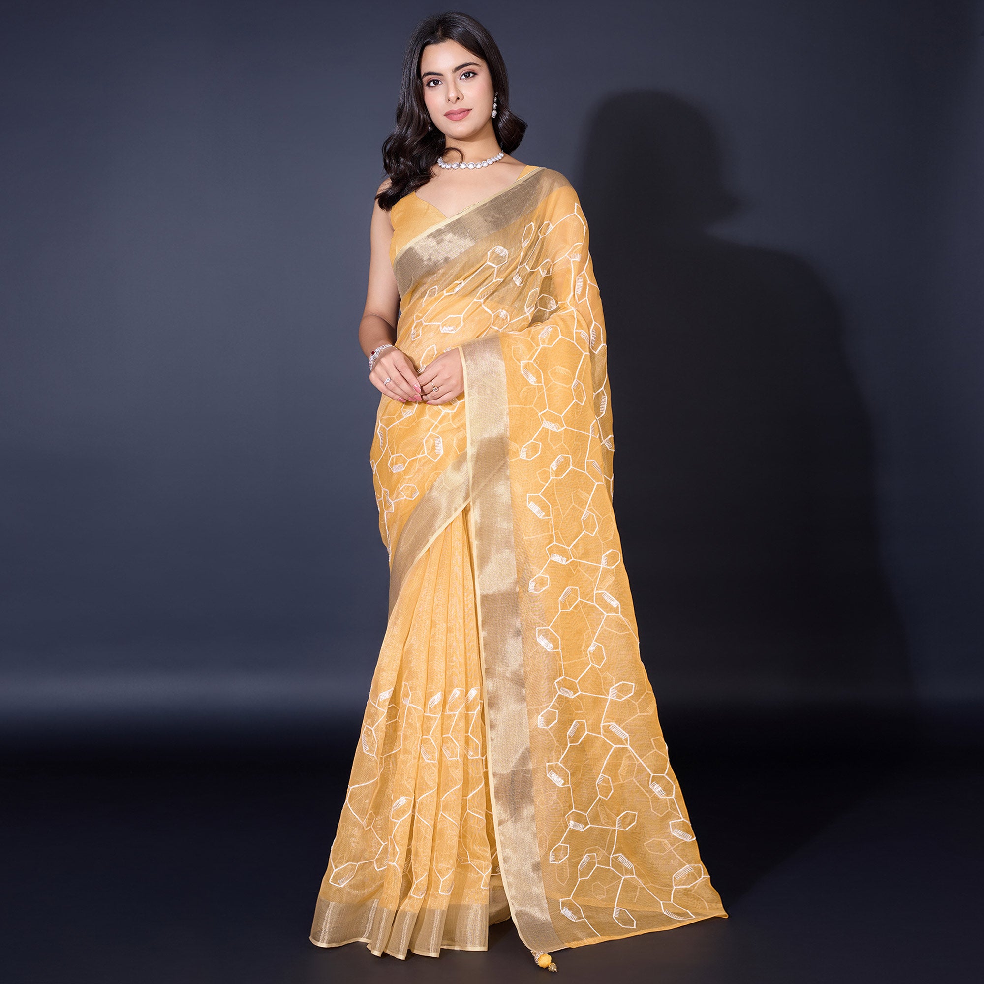 Yellow Sequins Embroidered Cotton Silk Saree