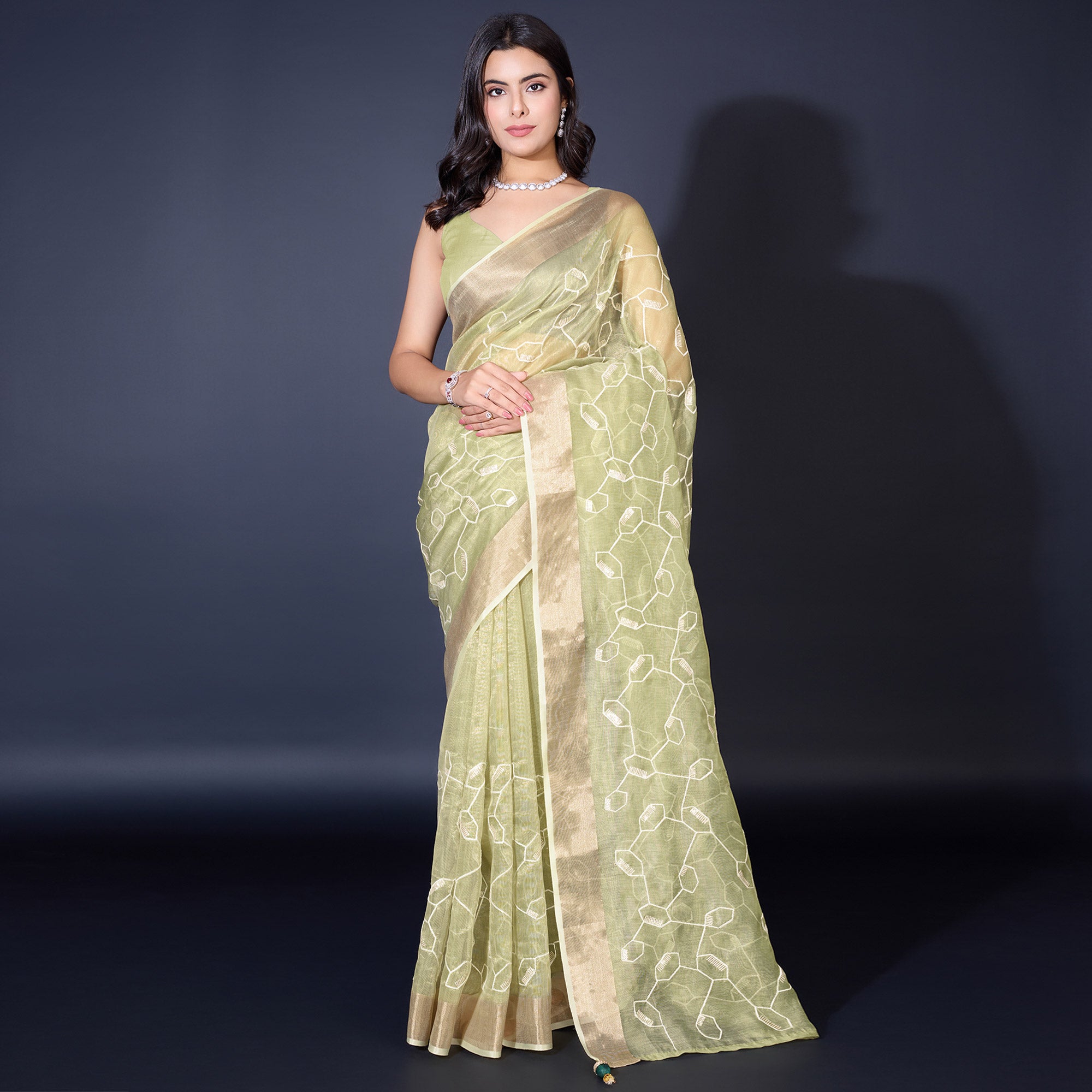 Green Sequins Embroidered Cotton Silk Saree