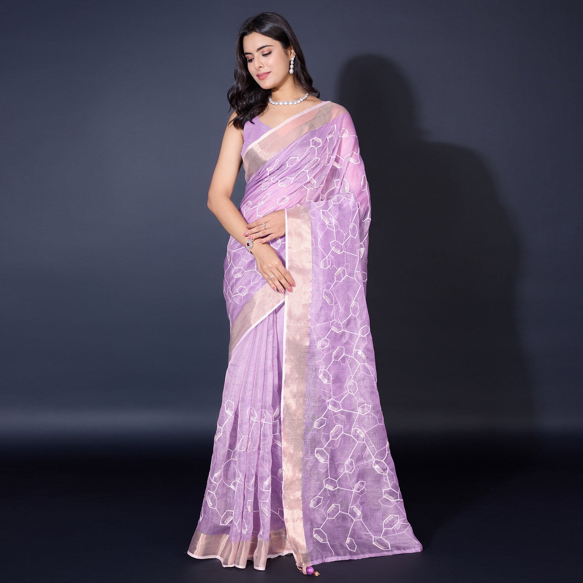 Lavender Sequins Embroidered Cotton Silk Saree