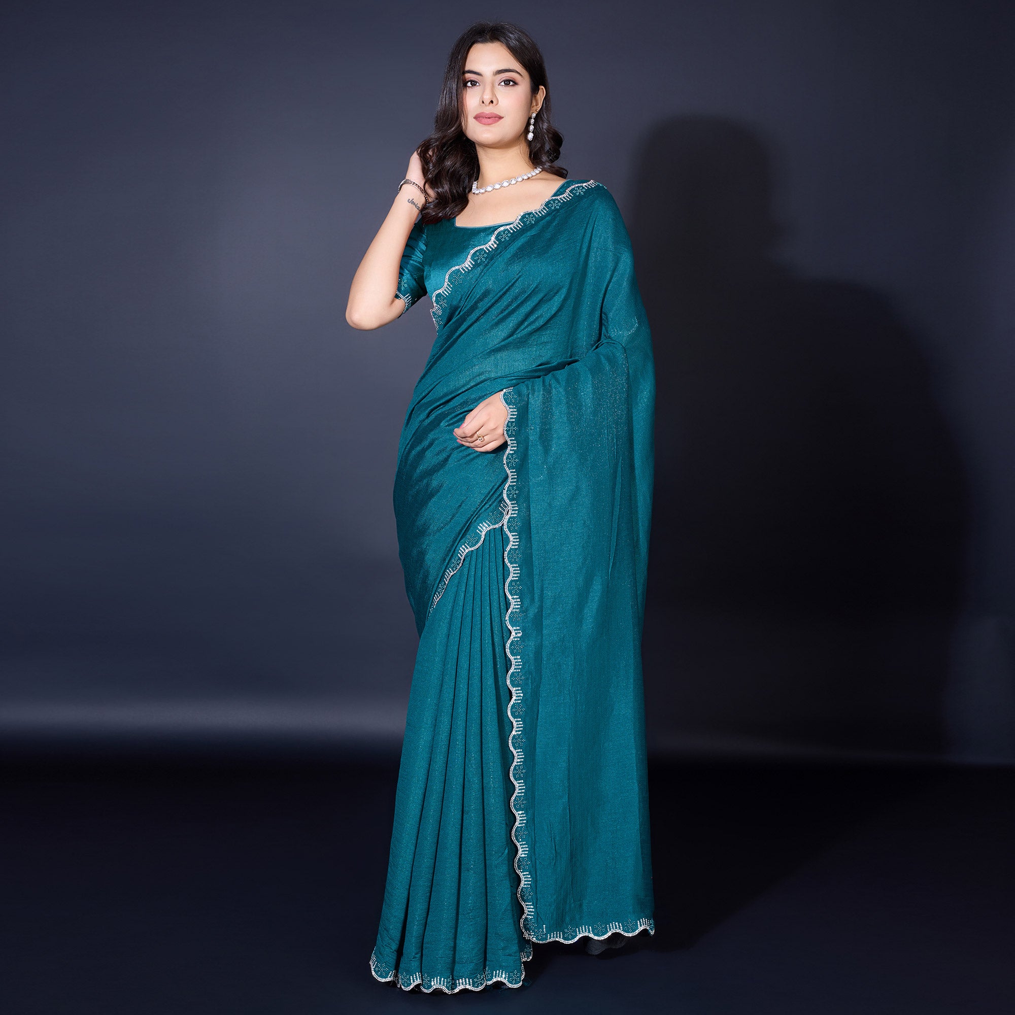 Teal Pearl Work Embroidered Khaadi Saree