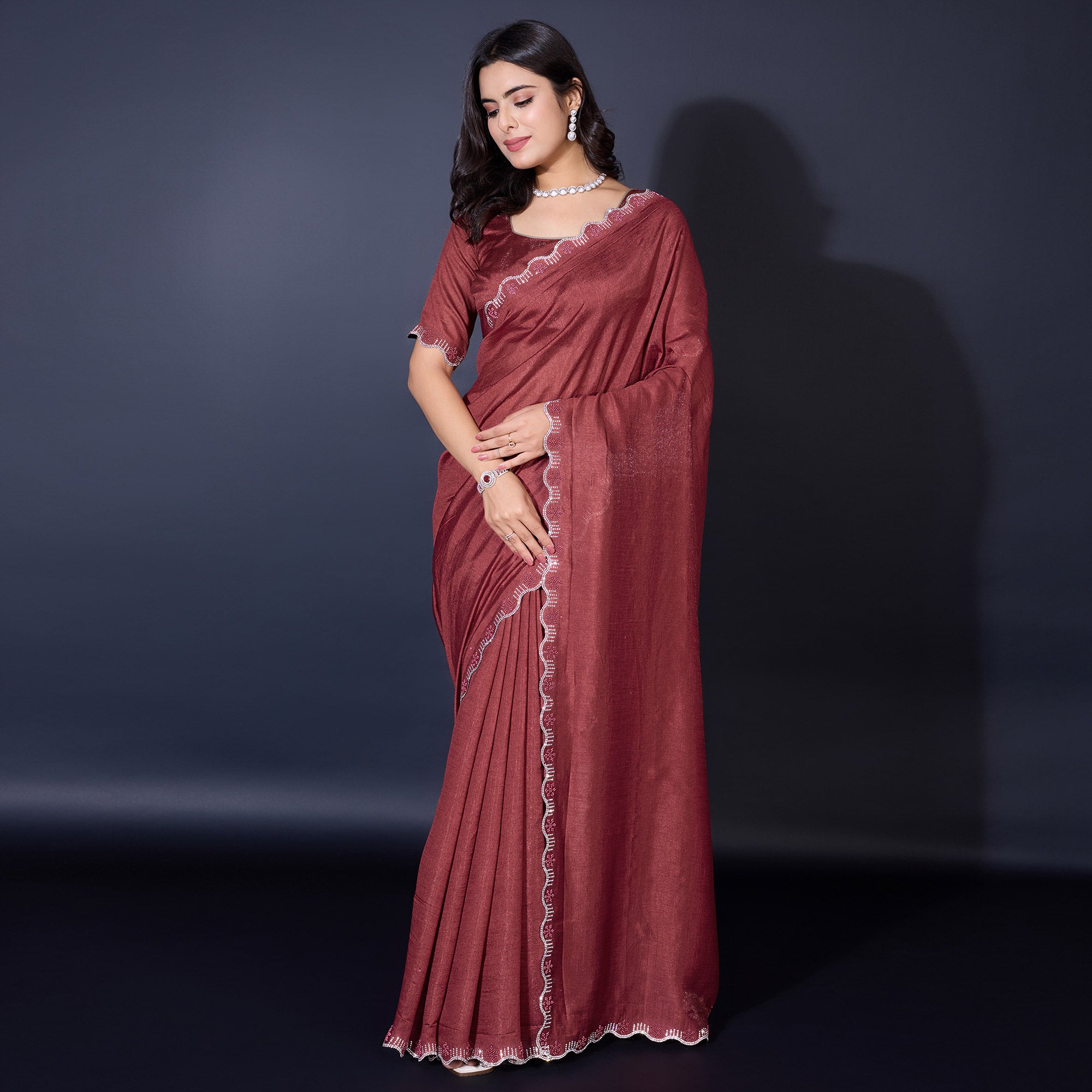 Brown Pearl Work Embroidered Khaadi Saree