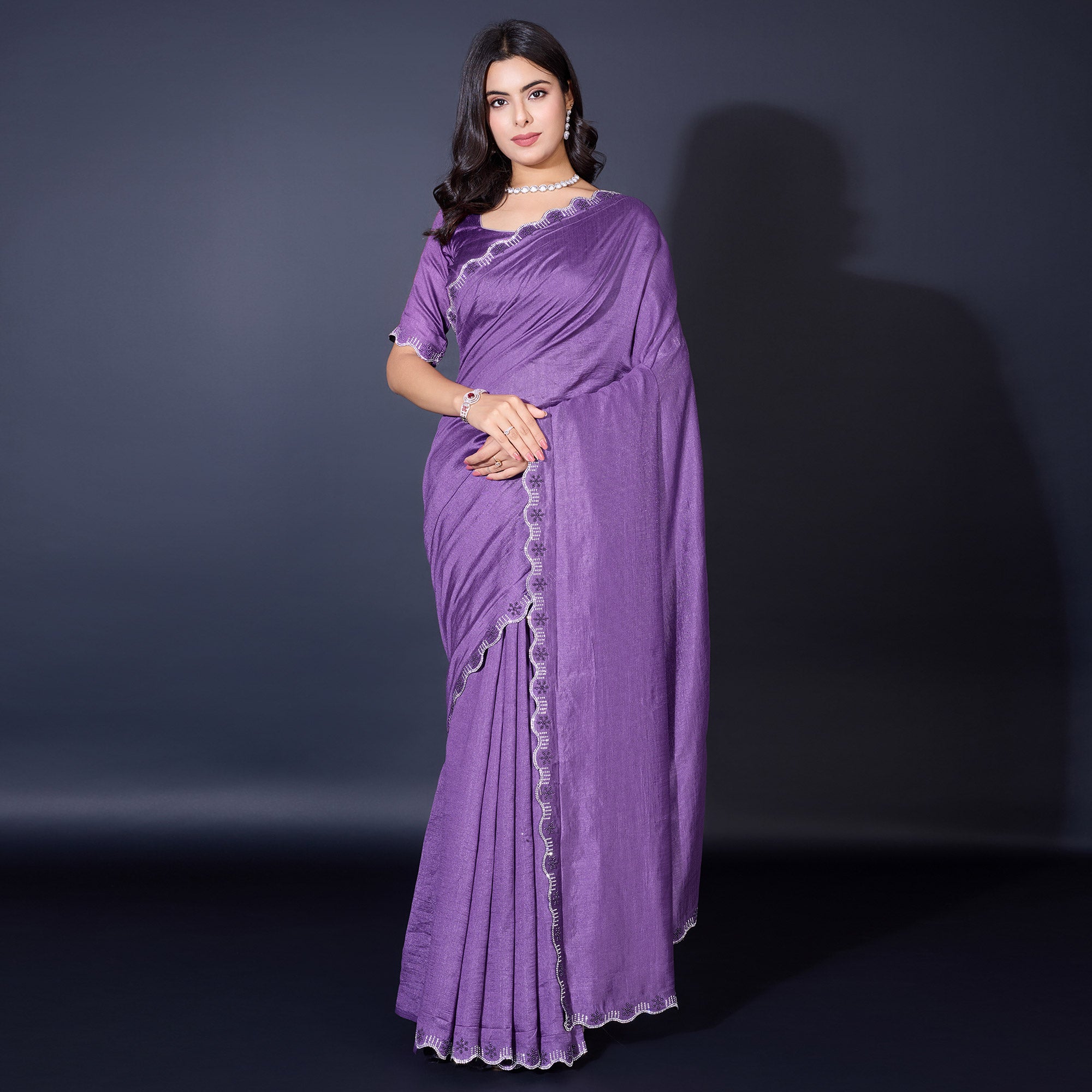 Lavender Pearl Work Embroidered Khaadi Saree