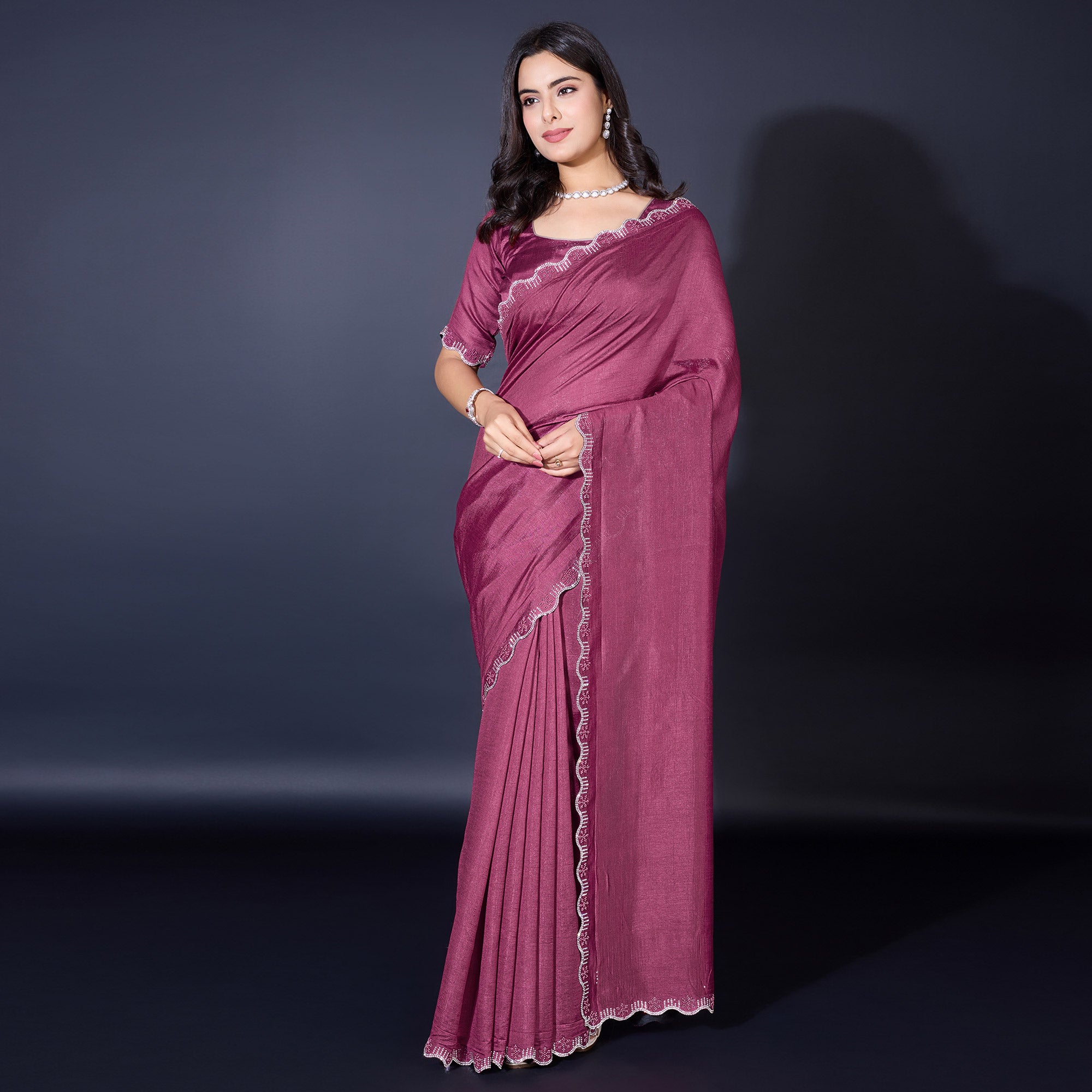 Mauve Pearl Work Embroidered Khaadi Saree