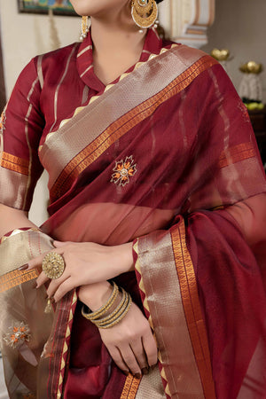 Maroon Floral Beads & Cutdana Handwork Kota Linen Saree With Zari Woven Pallu