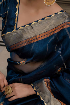 Blue Floral Beads & Cutdana Handwork Kota Linen Saree With Zari Woven Pallu