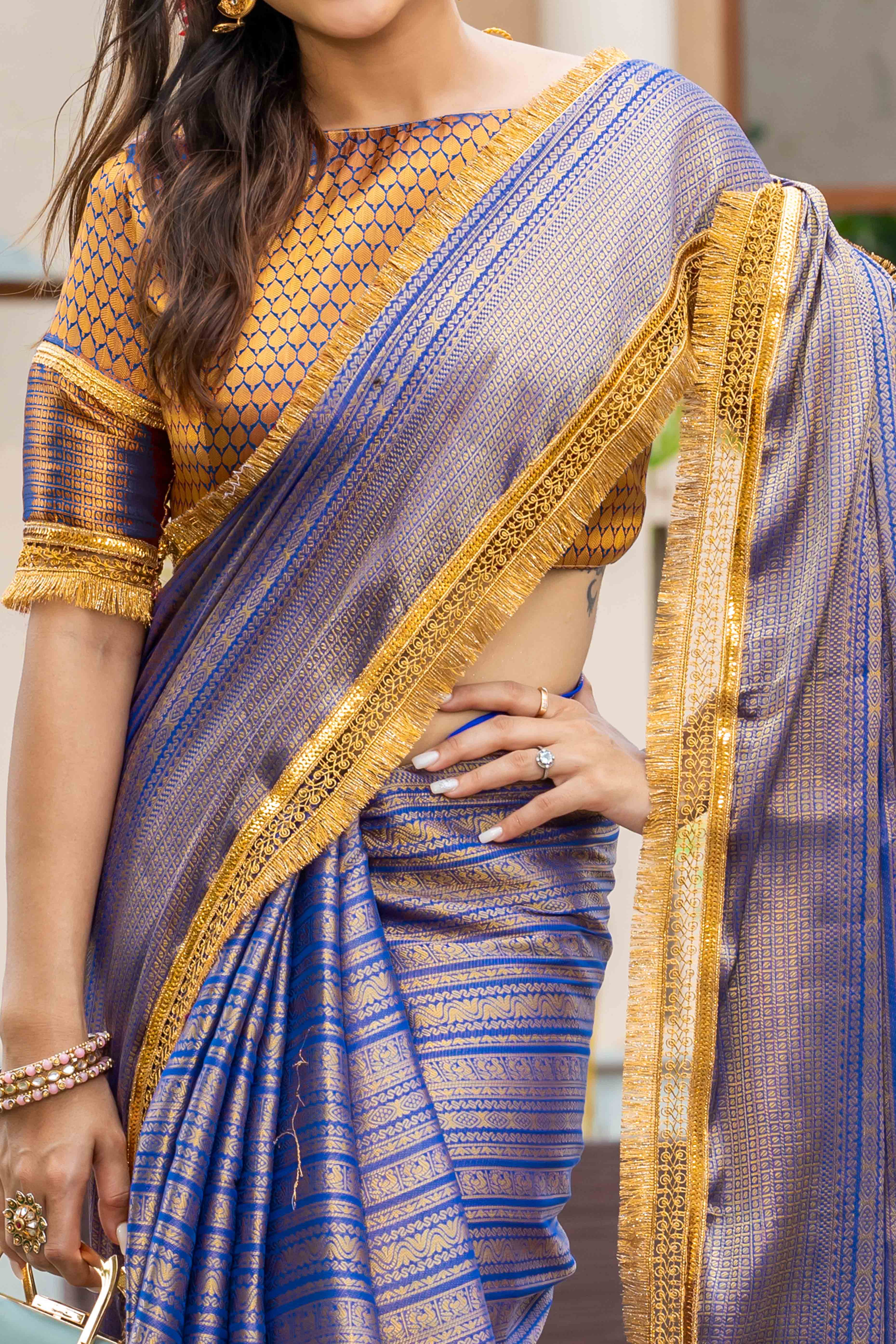 Blue Zari Weaving Mysore Brocade Silk Saree With Zari Border