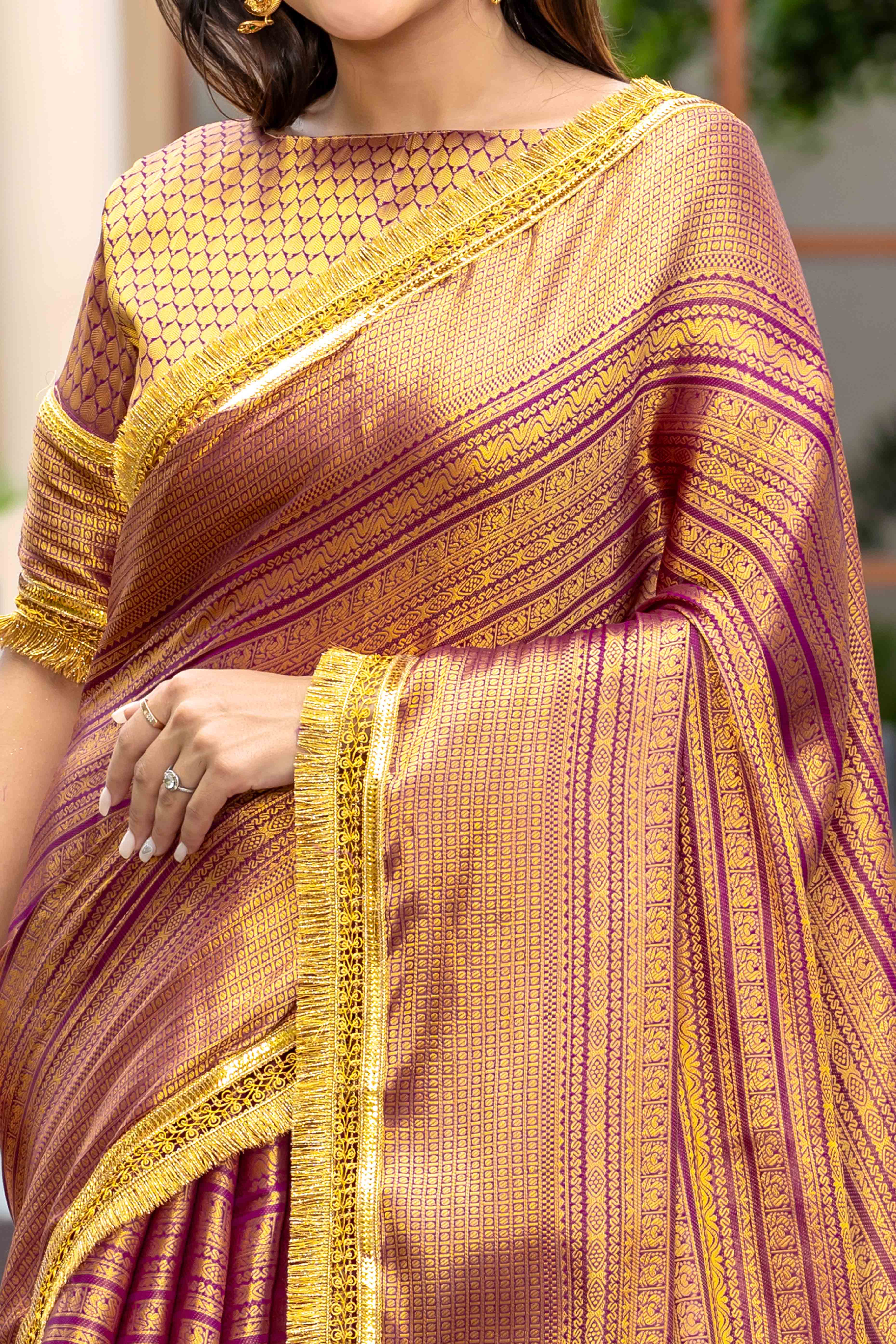 Wine Zari Weaving Mysore Brocade Silk Saree With Zari Border