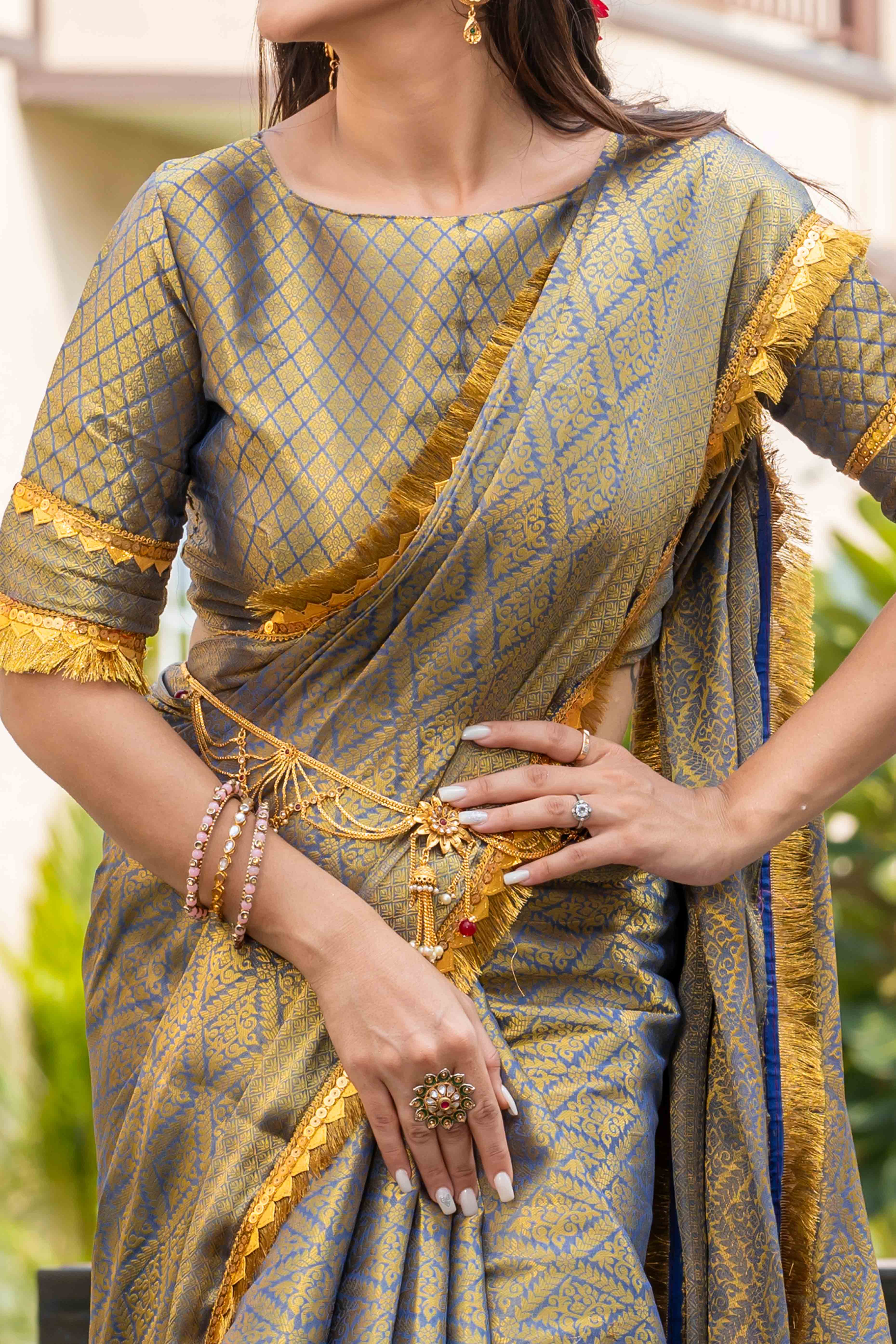 Grey Zari Weaving Mysore Brocade Silk Saree With Zari Border