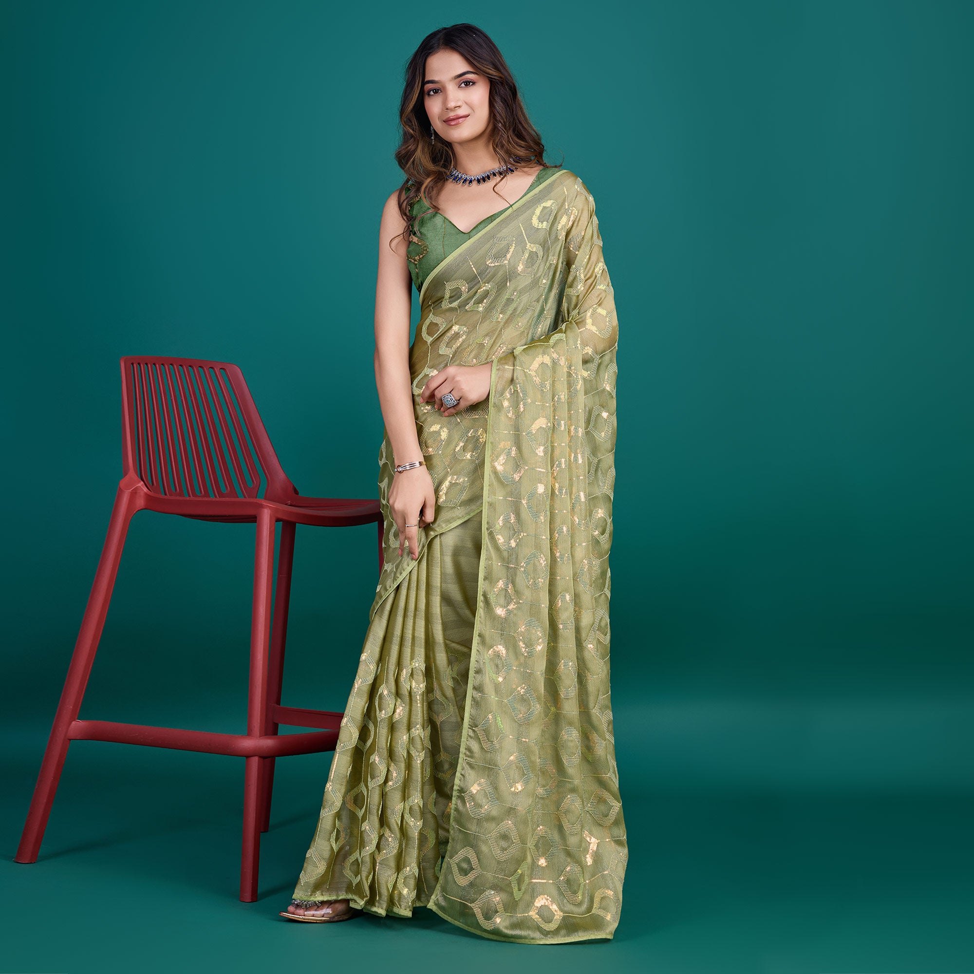 Green Sequins Embroidered Georgette Saree