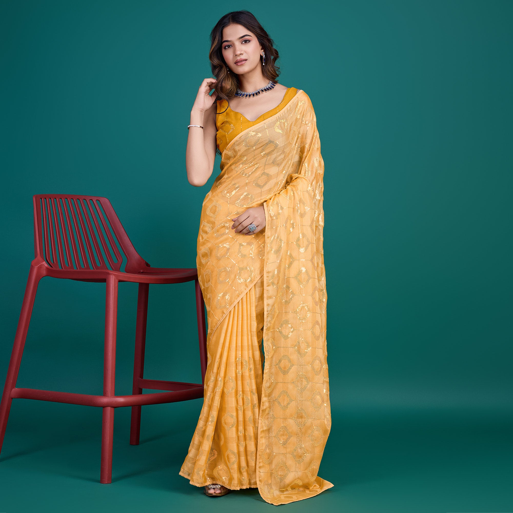 Yellow Sequin Embroidered Georgette Saree