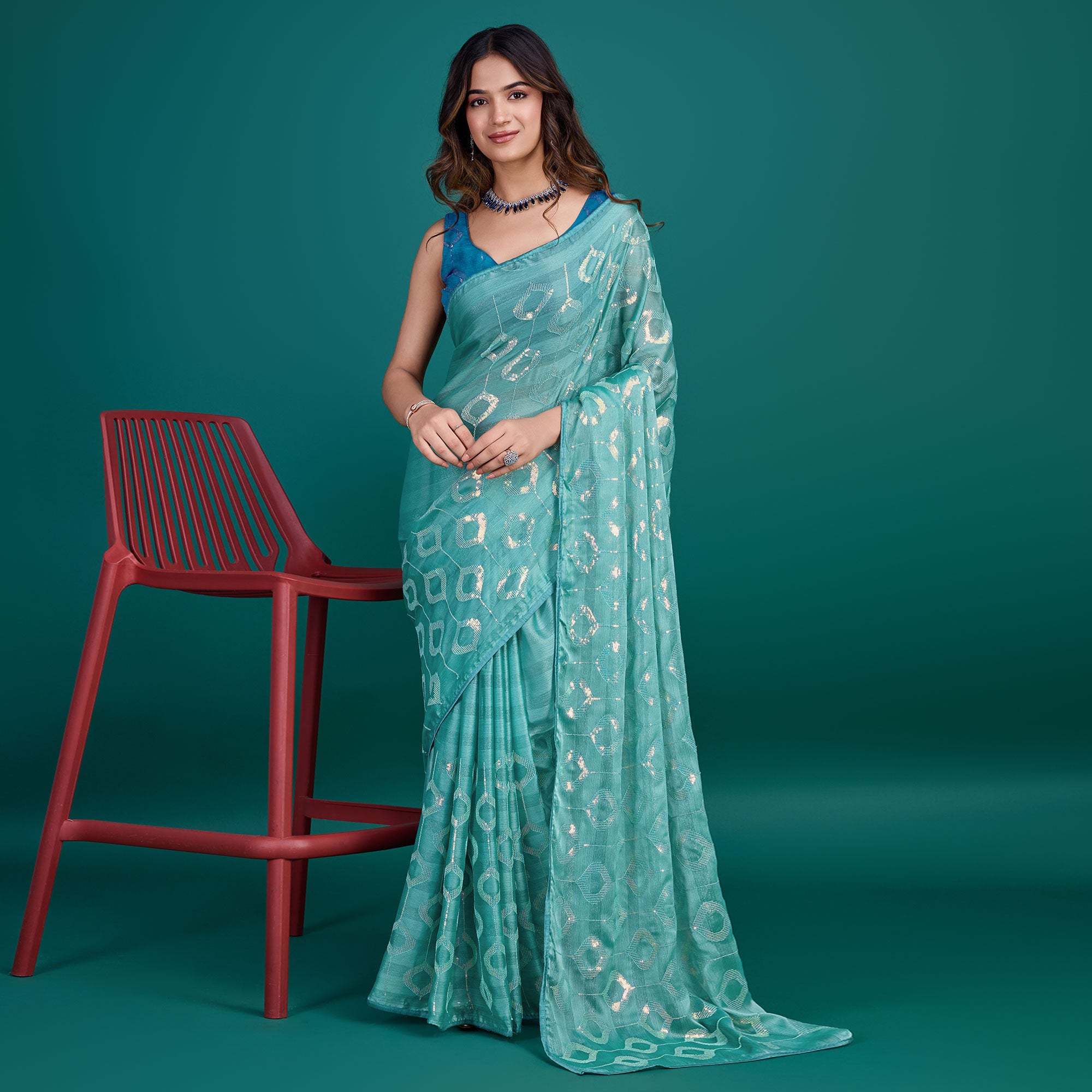 Turquoise Sequin Embroidered Georgette Saree