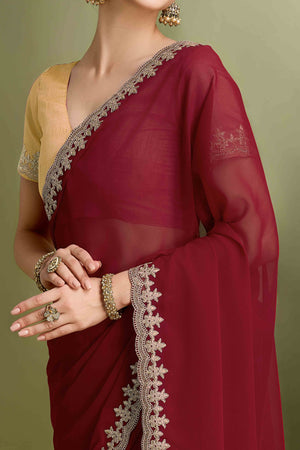 Maroon Solid With Zari Embroidered Georgette Saree