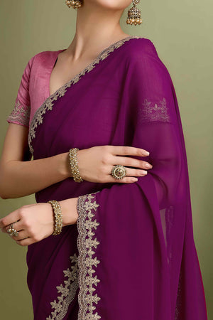 Purple Solid With Zari Embroidered Georgette Saree
