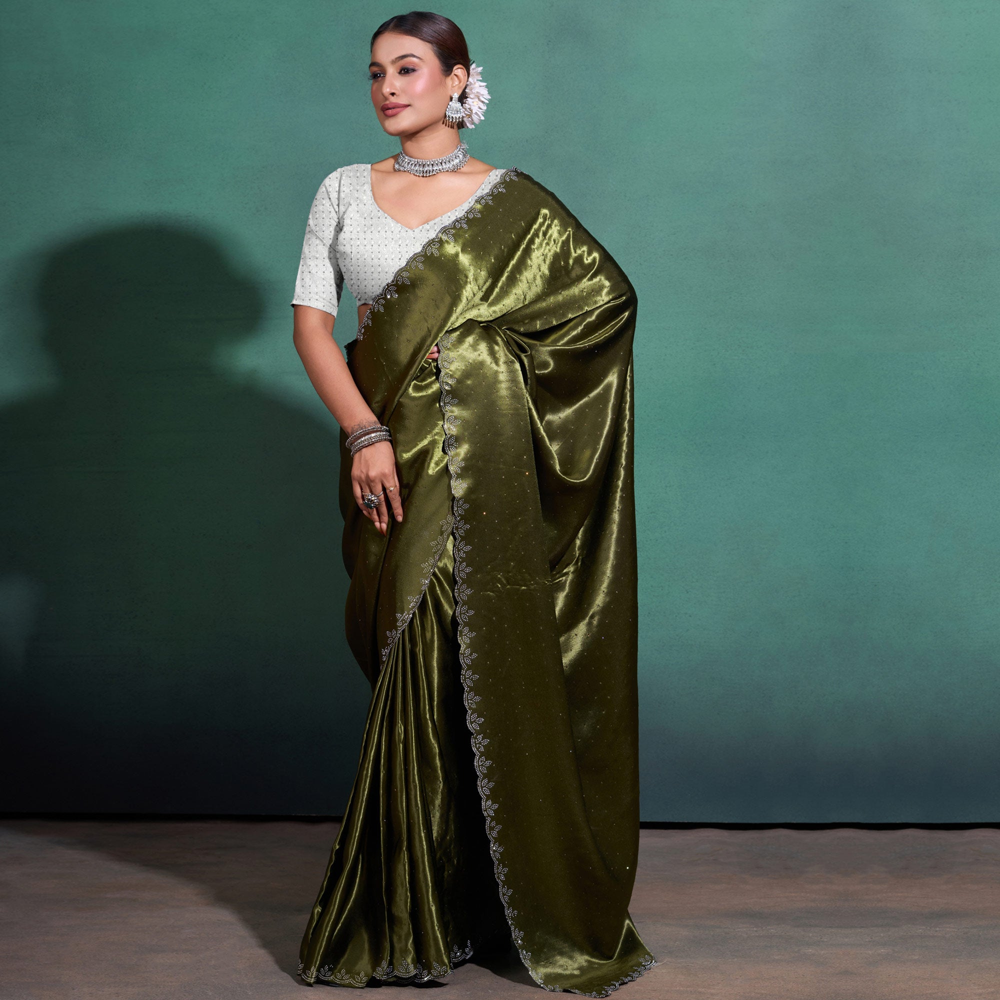 Mehandi Green Swarovski Work Embroidered Satin Saree