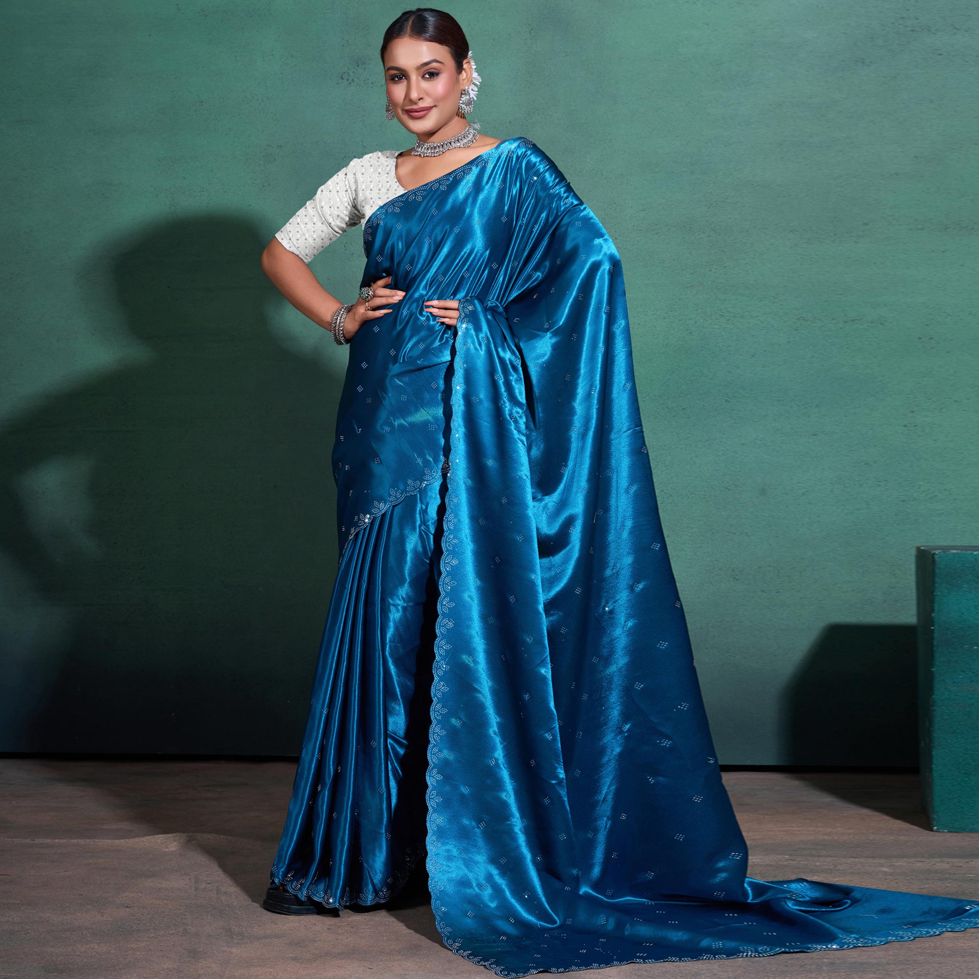 Blue Swarovski Work Embroidered Satin Saree