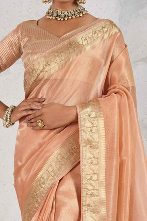 Peach Tissue Linen Saree Adorned With Intricate Zardosi & Pearl Cutdana Hand Embroidery