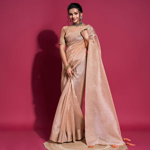 Beige Woven Organza Zari Saree With Tassels