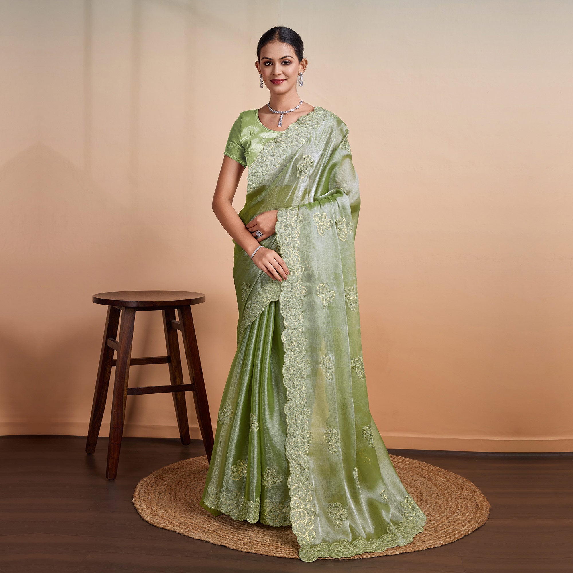 Green Sequins Embroidered Organza Saree