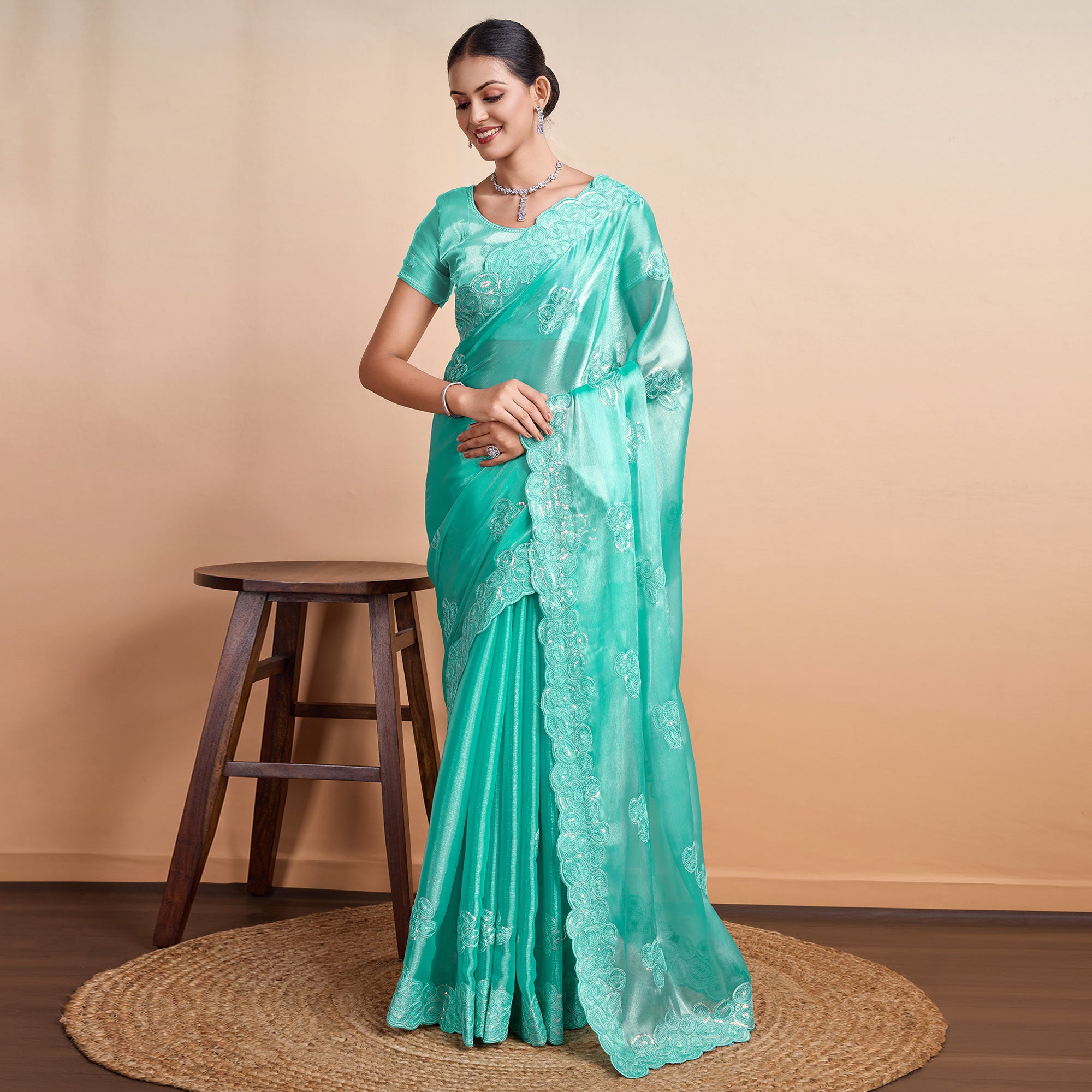 Rama Green Sequins Embroidered Organza Saree