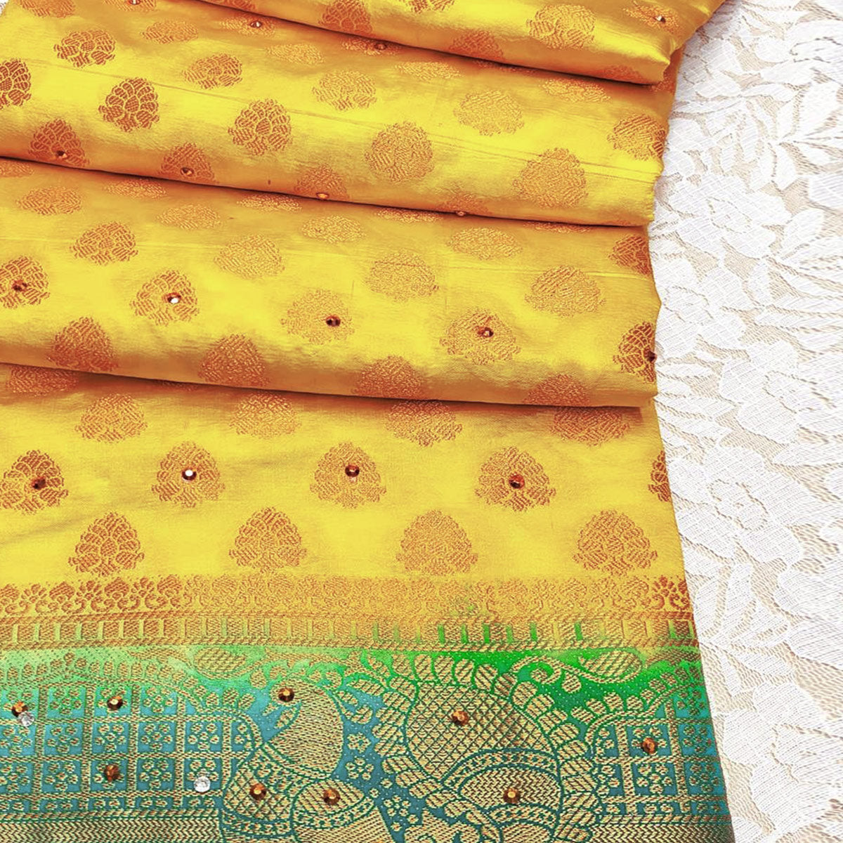 Yellow Woven With Stone Work Banarasi Silk Saree